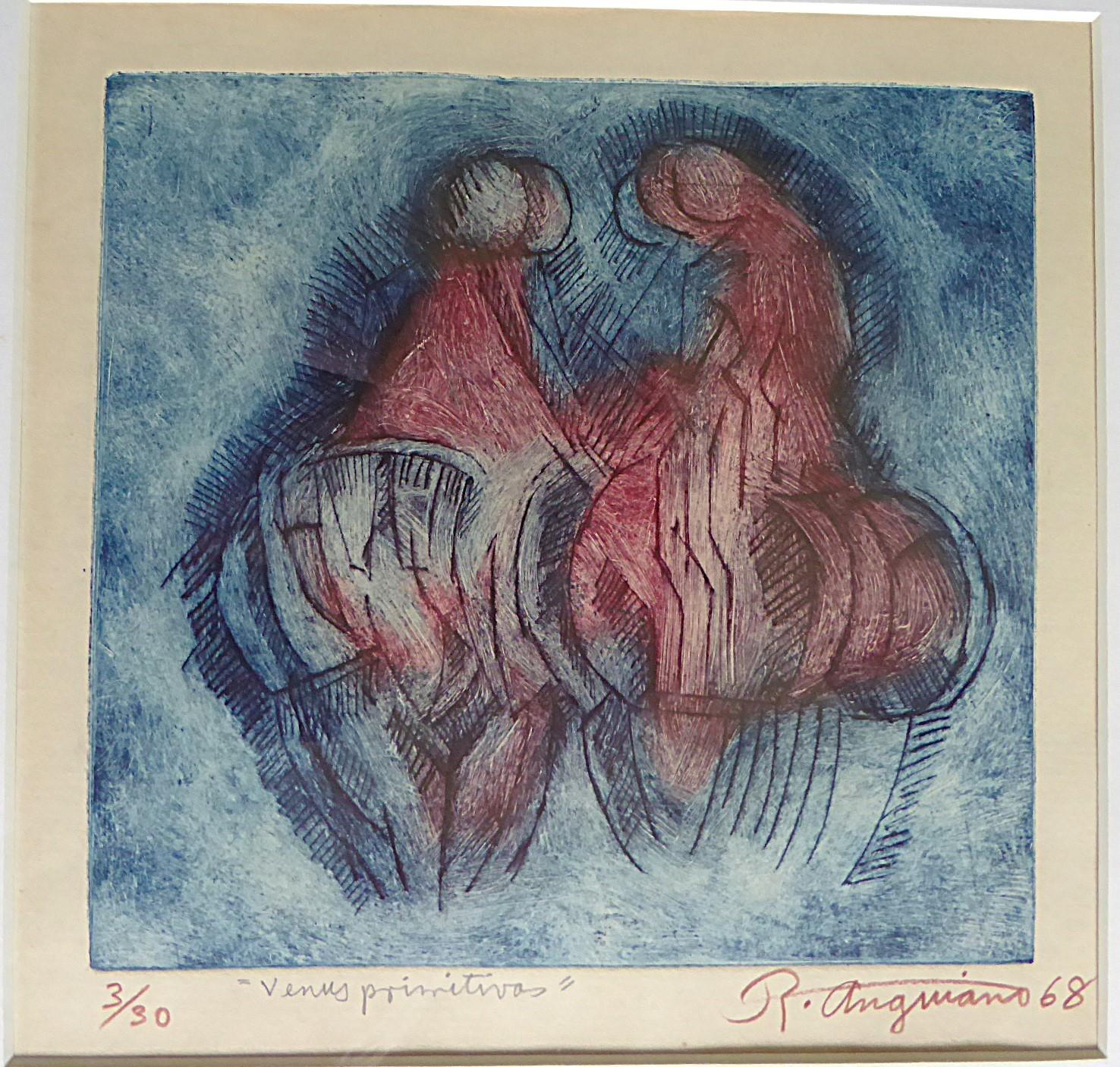 Lateinamerikanische Mid Century Modern Gerahmte Farbradierung VENUS PRIMITIVAS des mexikanischen Künstlers Raul Anguiano 1968. Das Werk zeigt zwei voluminöse weibliche Figuren in unmittelbarer Nähe in einem surrealistischen impressionistischen