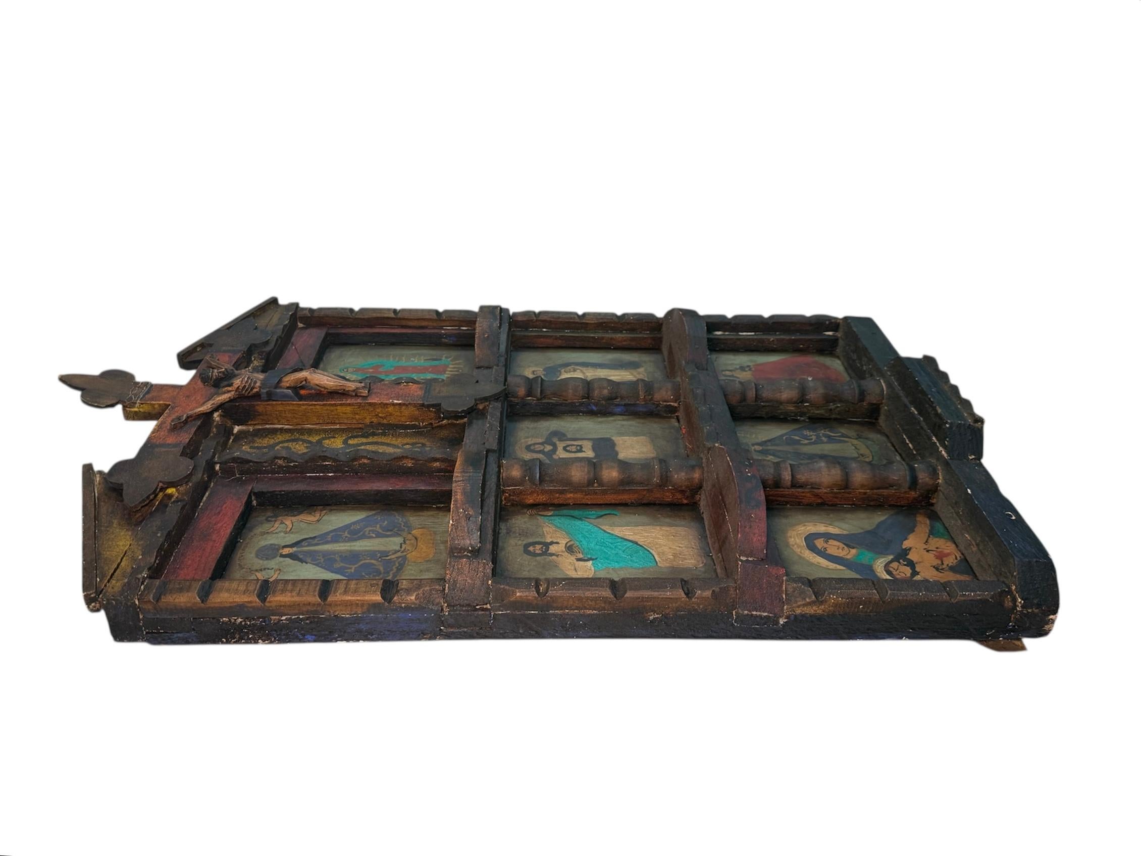 Hand-Crafted Latin American Religious Folk Art Nicho Retablos Shrine For Sale