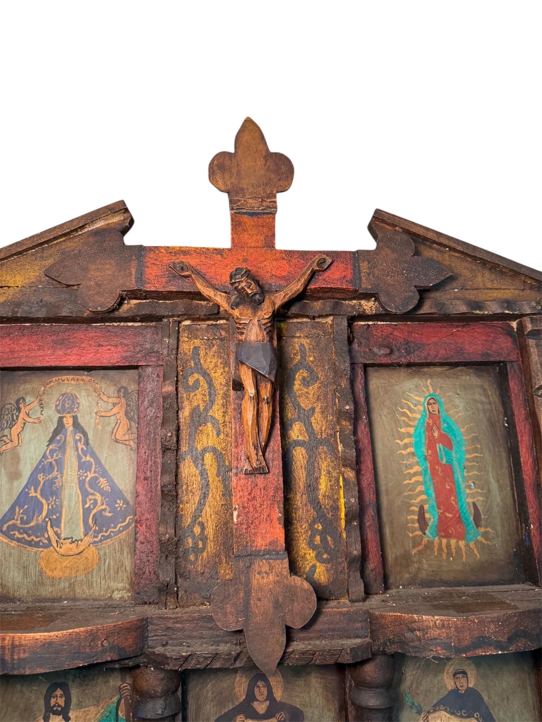 Wood Latin American Religious Folk Art Nicho Retablos Shrine For Sale