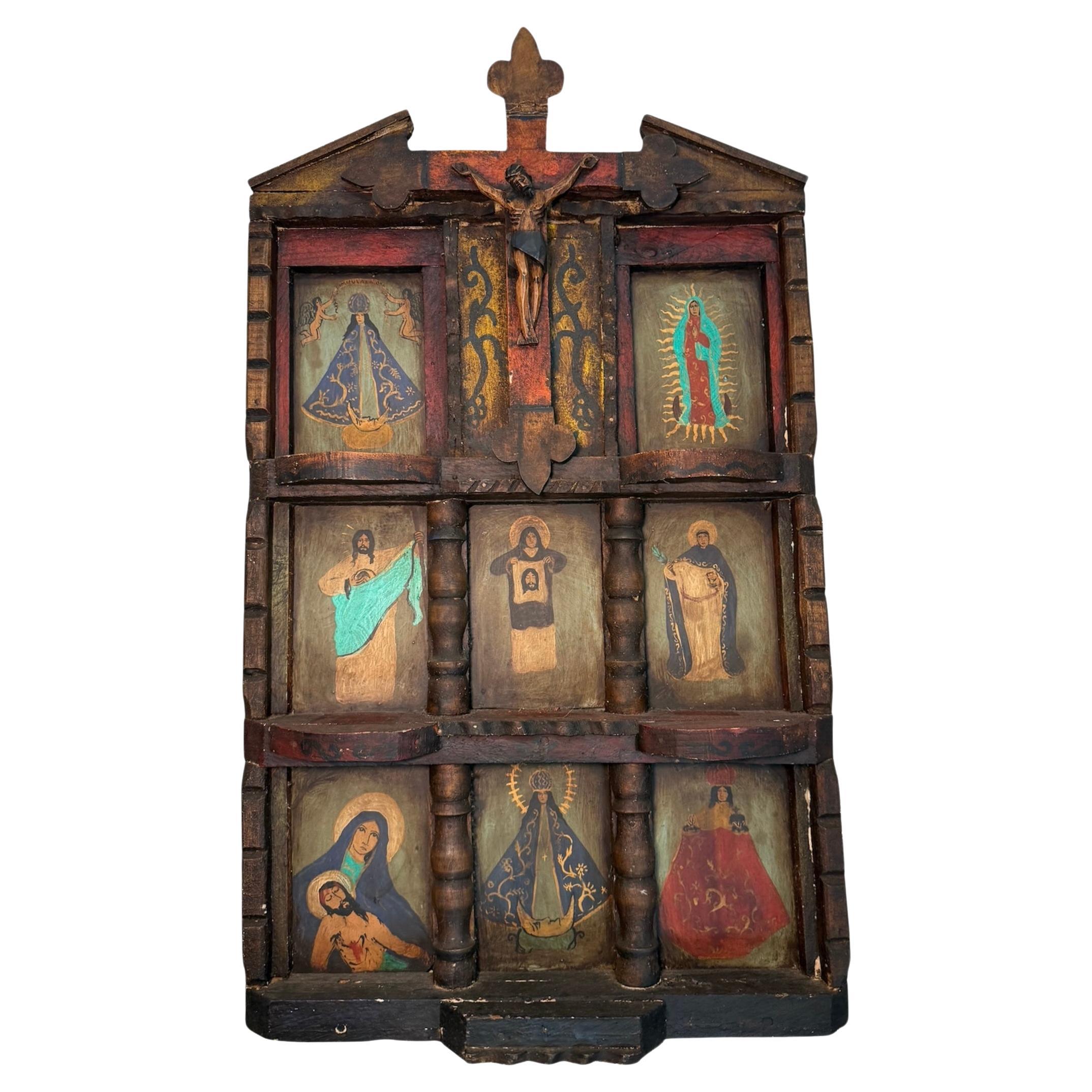 Latin American Religious Folk Art Nicho Retablos Shrine For Sale