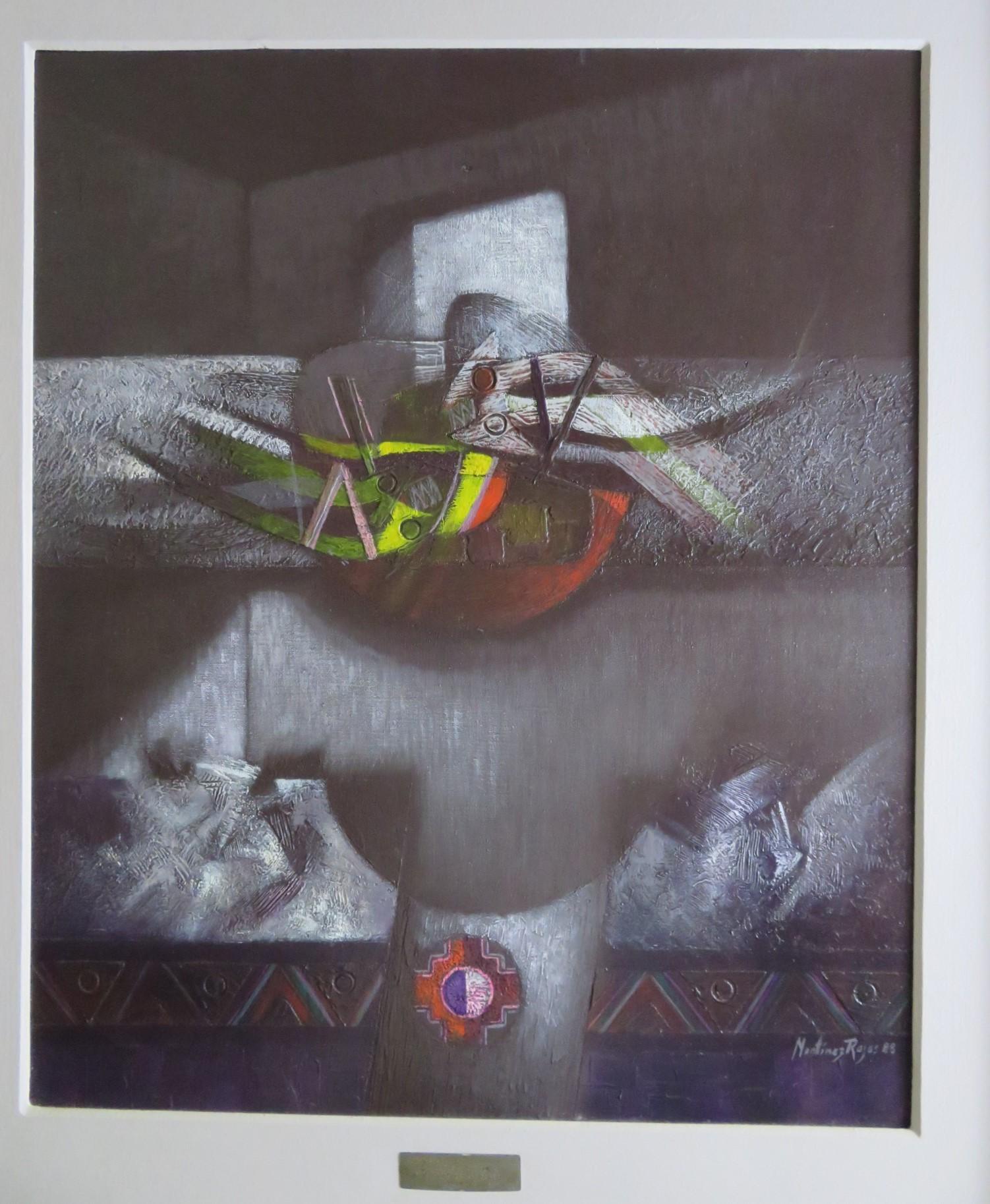 A Surreal framed Composition by Martinez Rojas suggesting great movement with native Incan symbols and inspiration from the abstract fluidity of fellow Peruvian artist Fernando de Szyszlo.
Acrylic on canvas 33 inches high x 28 1/2 inches wide.