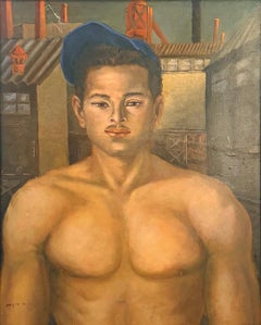"Latin Worker in Miami", Shirtless Male Portrait w/ Industrial Backdrop, De Riz