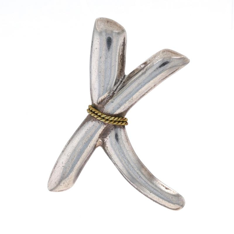Brand: Lato

Metal Content: Sterling Silver & Brass

Style: Convertible Brooch/Pendant
Fastening Type: Hinged Pin and Whale Tail Clasp
Theme: X Crossover
Features: Rope Detailing

Measurements

Tall: 1 31/32