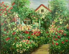 Vintage French  Rose Garden   Landscape oil Painting