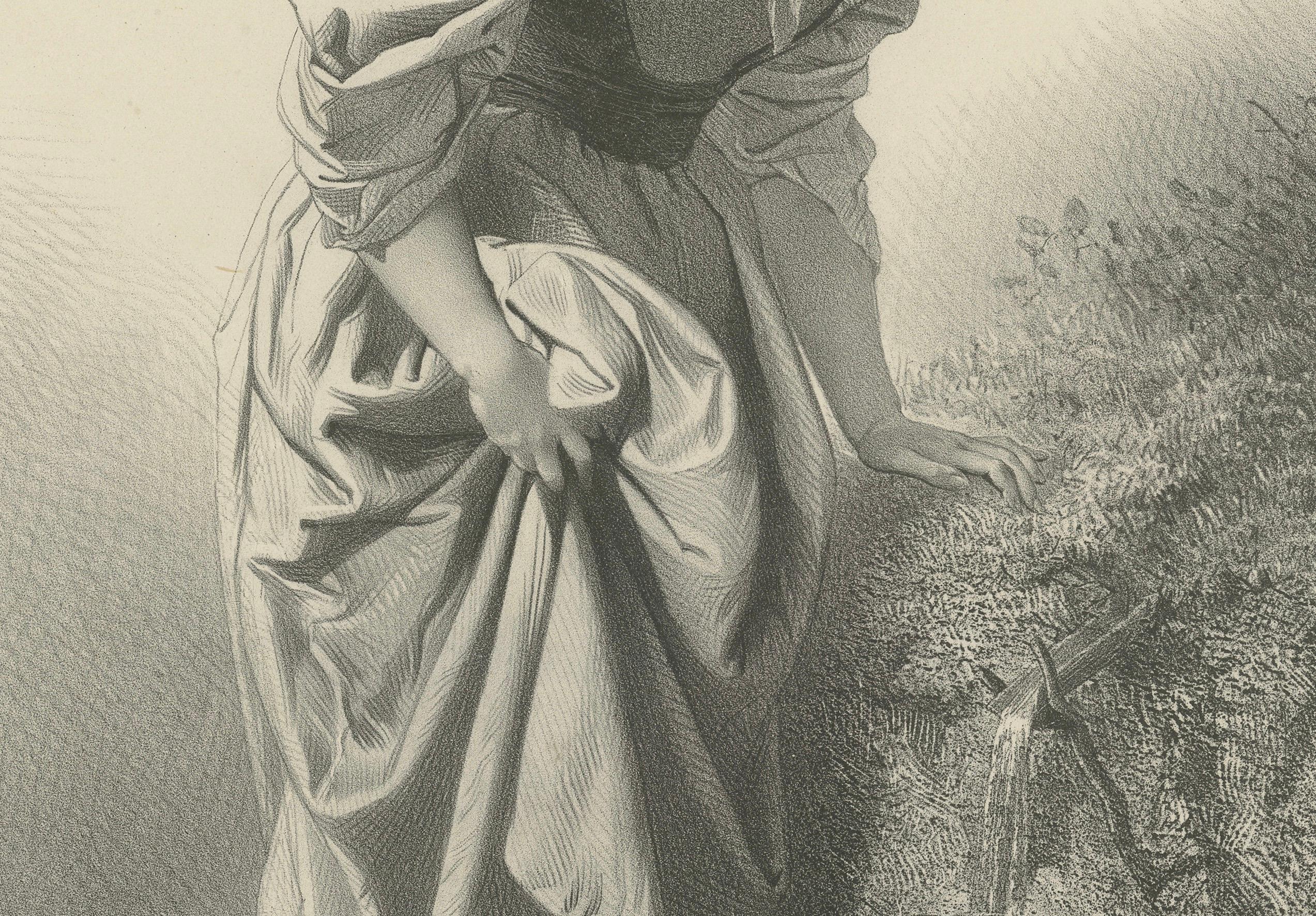 L’Attente – 19th Century French Lithograph of a Woman at the Fountain, circa 1840

This graceful 19th-century French lithograph titled L’Attente (translated: “The Waiting”) captures a young woman in a moment of calm expectation. Dressed in a softly