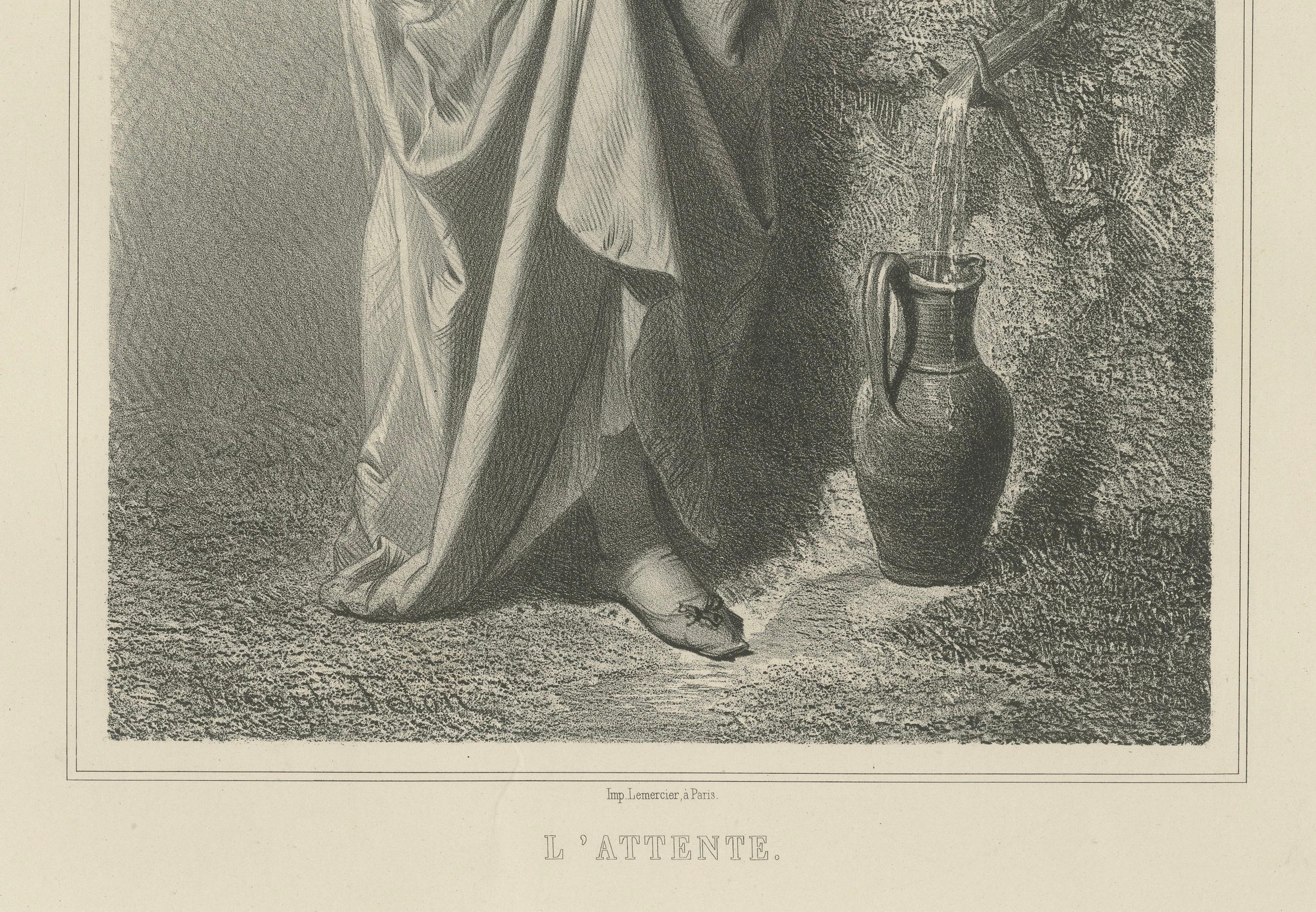L’Attente – 19th Century French Lithograph of a Woman at the Fountain, ca.1840 In Good Condition For Sale In Langweer, NL