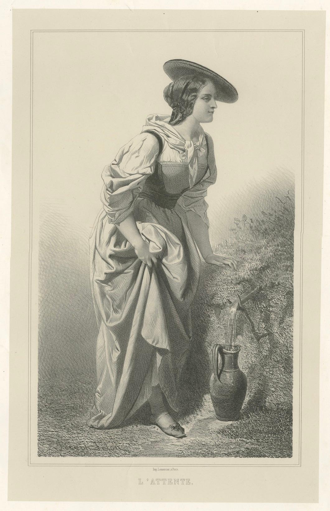 L’Attente – 19th Century French Lithograph of a Woman at the Fountain, ca.1840 For Sale 2