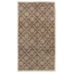 Lattice Design Turkish Konya Vintage Rug in Mocha Brown and Cream