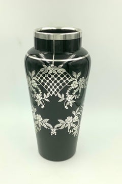 Lattice Flower Floral Sterling Silver Overlay Black Amethyst Glass Vase