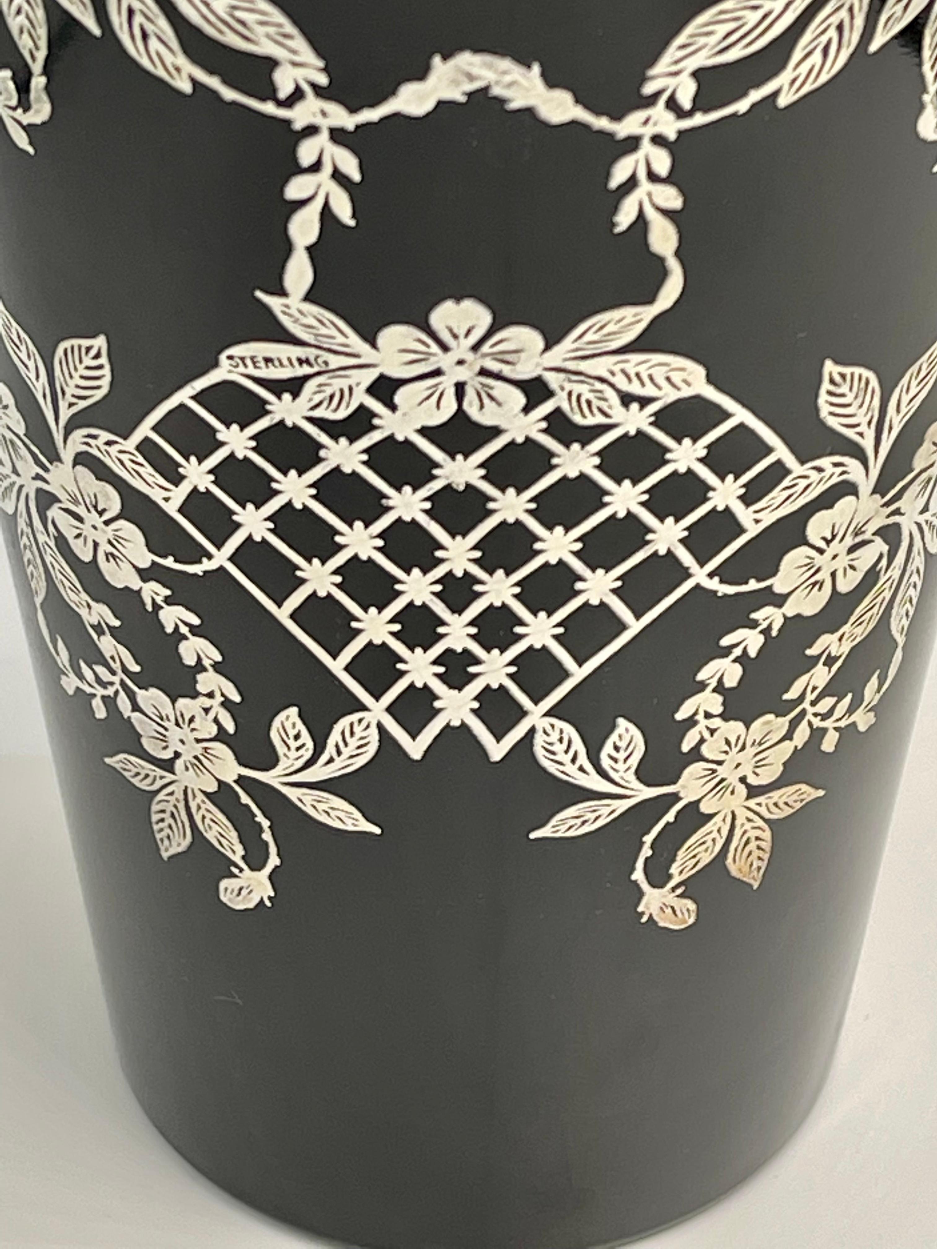 20th Century Lattice Flower Floral Sterling Silver Overlay Black Amethyst Glass Vase For Sale