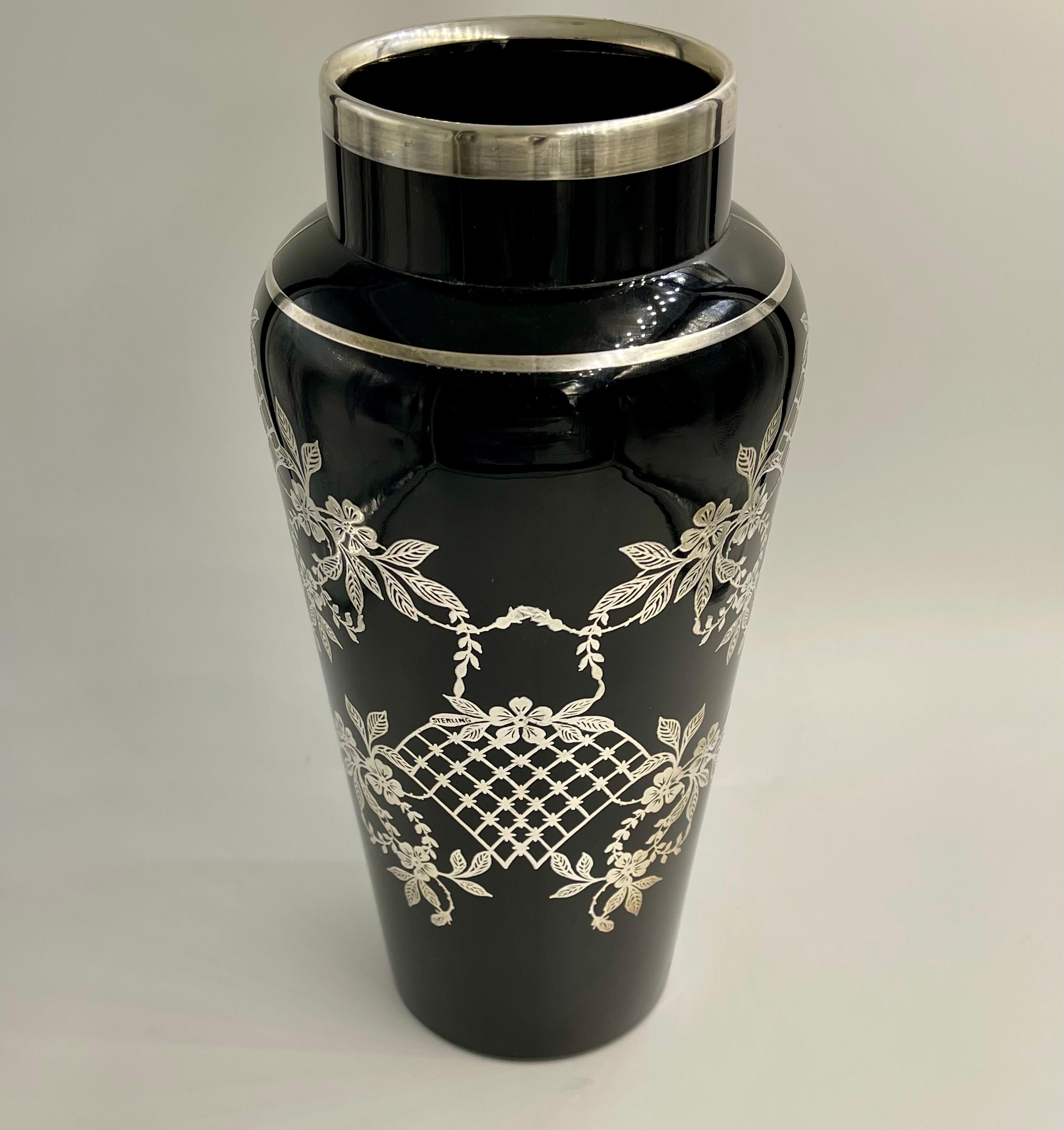 Lattice Flower Floral Sterling Silver Overlay Black Amethyst Glass Vase For Sale 1