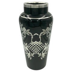 Lattice Flower Floral Sterling Silver Overlay Black Amethyst Glass Vase