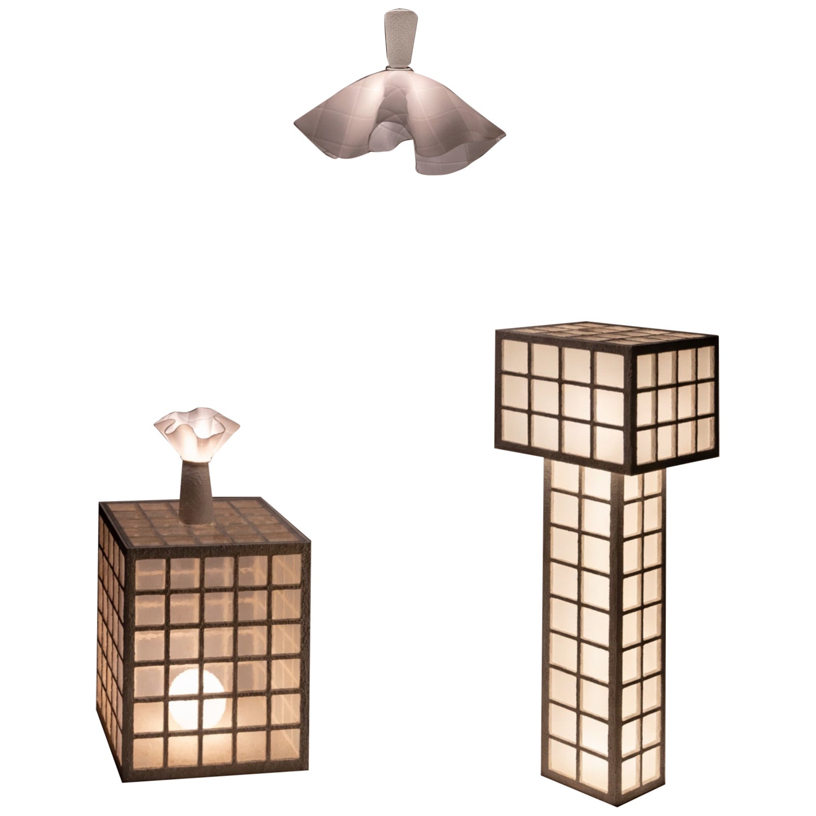 Lampada a sospensione a reticolo, tessuto e cemento di Studio A in vendita
