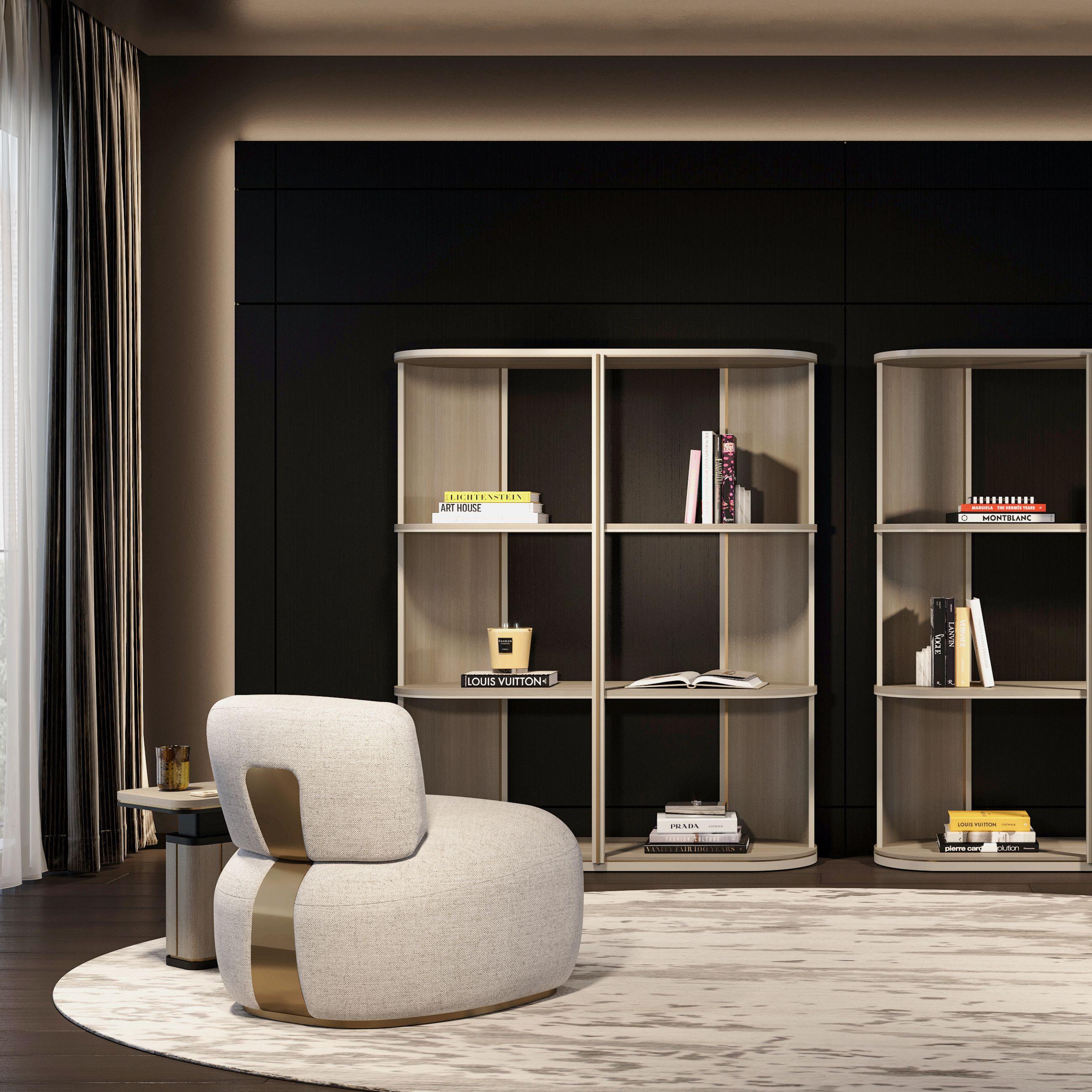 La librería Celosía aúna diseño suave y estructura refinada en una forma armoniosa y arquitectónica. Inspirada en las curvas fluidas de la consola Opulent, sus siluetas redondeadas y su marco abierto transmiten una sensación de ligereza, lo que la