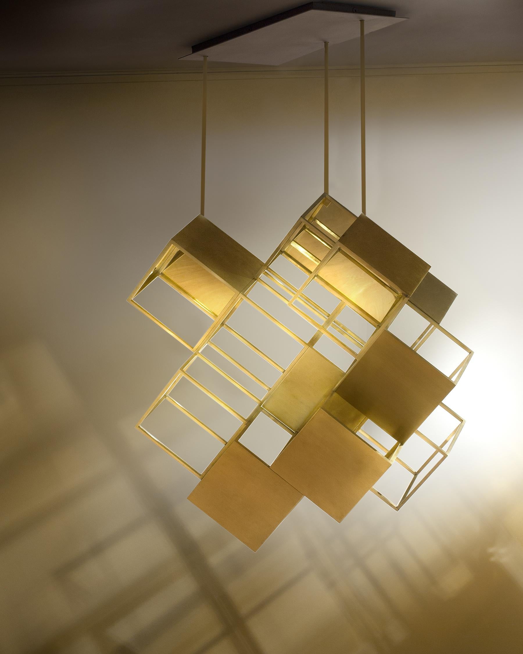 Brushed Lattis 11 Chandelier Lighting Brass by Diaphan Studio, REP by Tuleste Factory For Sale