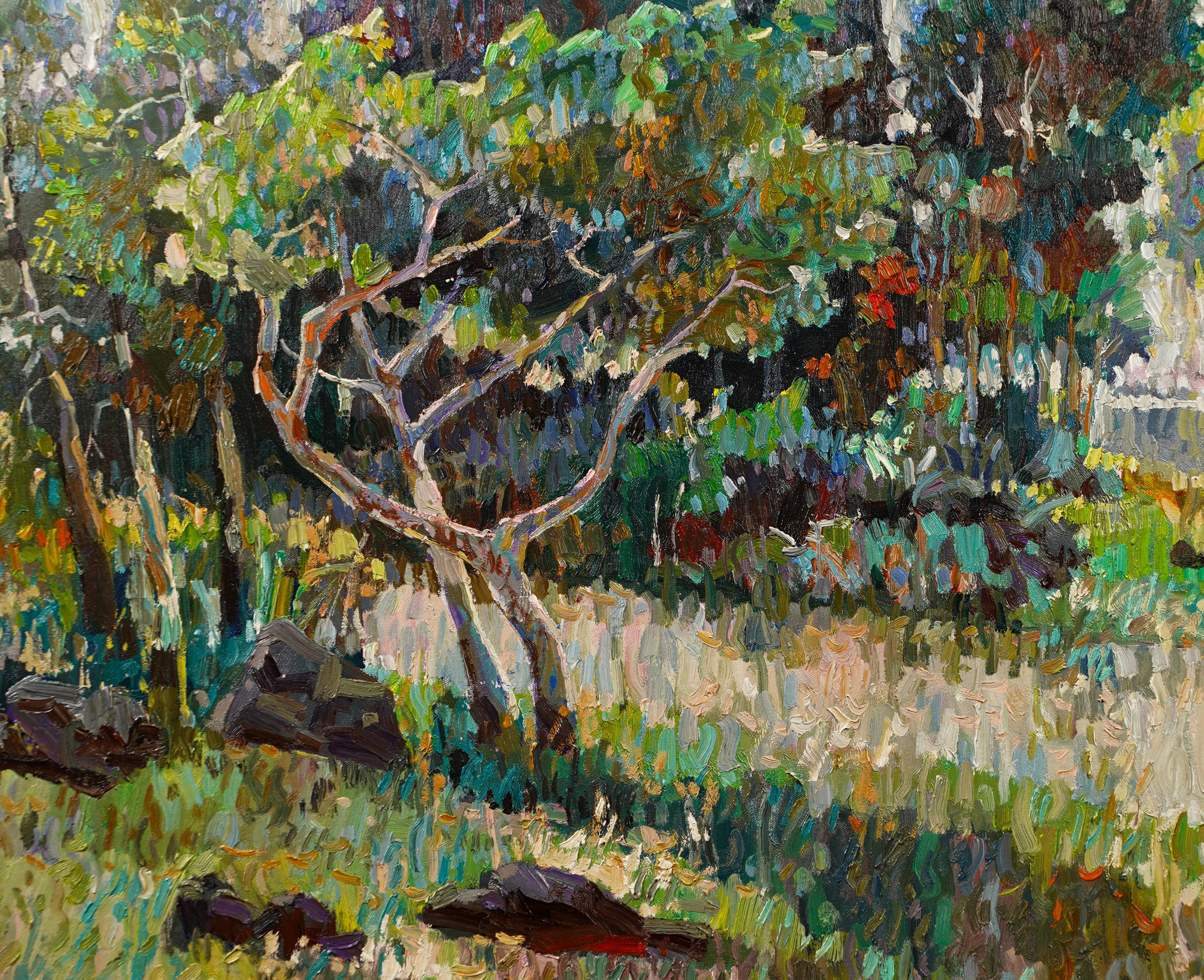 Antique American impressionist landscape oil painting.  Oil on canvas.  Signed.  Framed.  Image size, 40L x 30H.