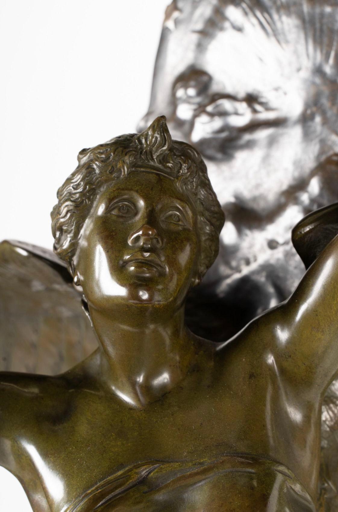 'L'au Dela' Bronze Sculpture on Marble Pedestal by Émile Louis Picault In Good Condition For Sale In Los Angeles, CA