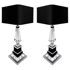 Laudarte SRL Crystal, Chrome, Wood Table Lamps, Pair from Milano, Italy 