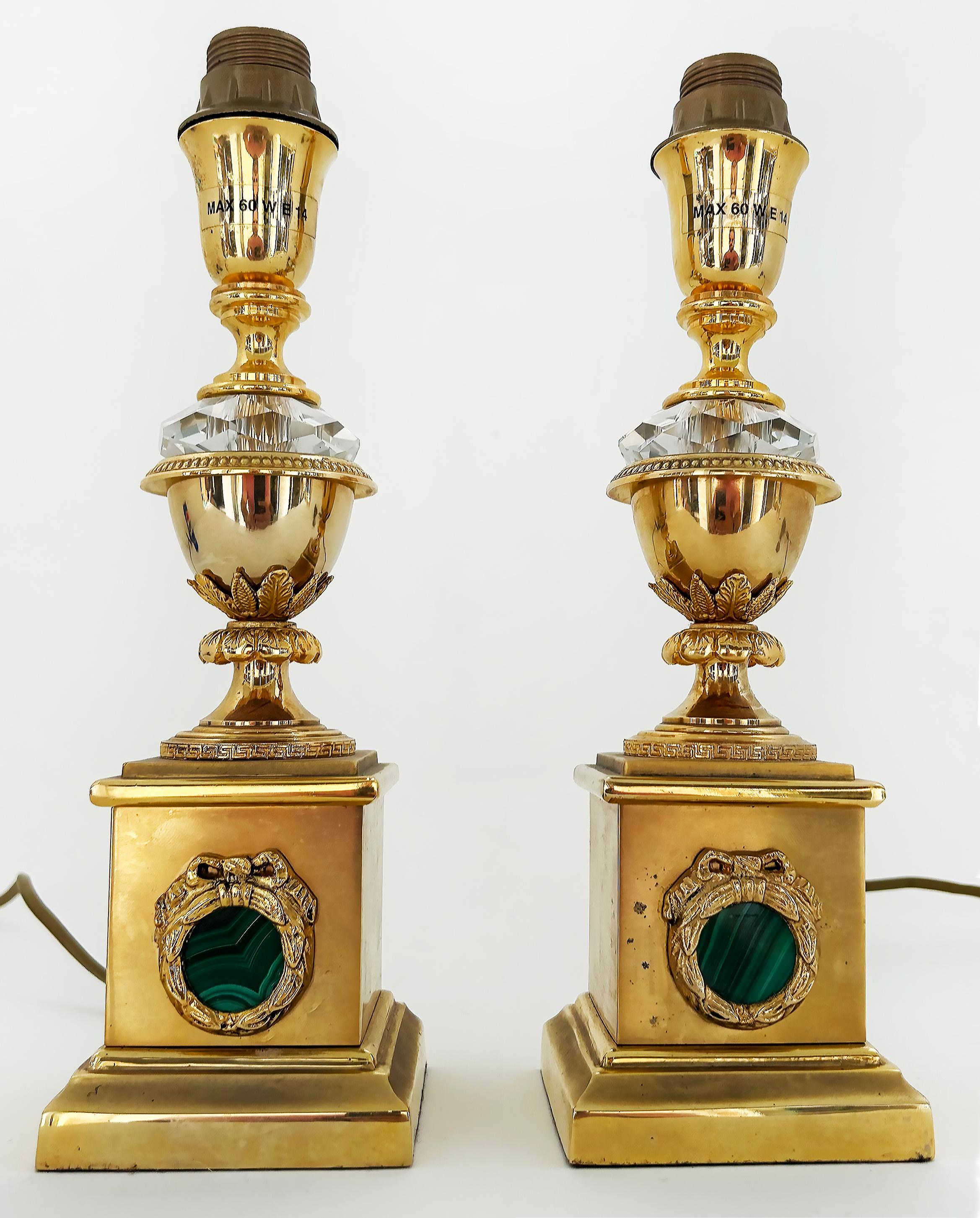 Tischlampen aus vergoldeter Bronze, Kristall und Malachit von Laudarte SRL, Italien, Paar im Angebot 2