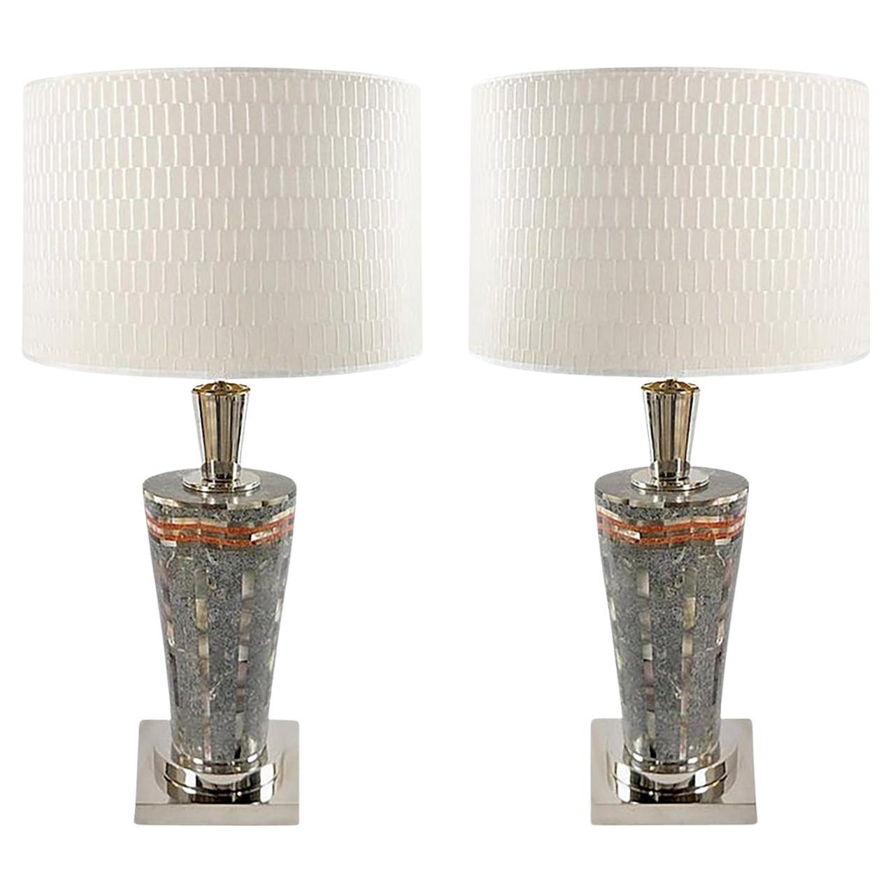 Laudarte Srl of Italy Marble and Mother-Of-Pearl Table Lamps, Pair 