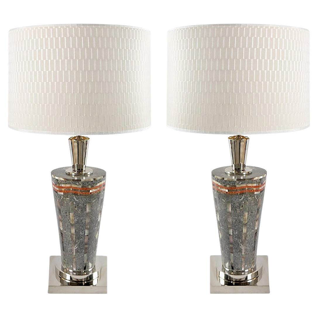 Laudarte Srl of Italy Table Lamp in Marble and Mother-Of-Pearl, Pair Available  For Sale