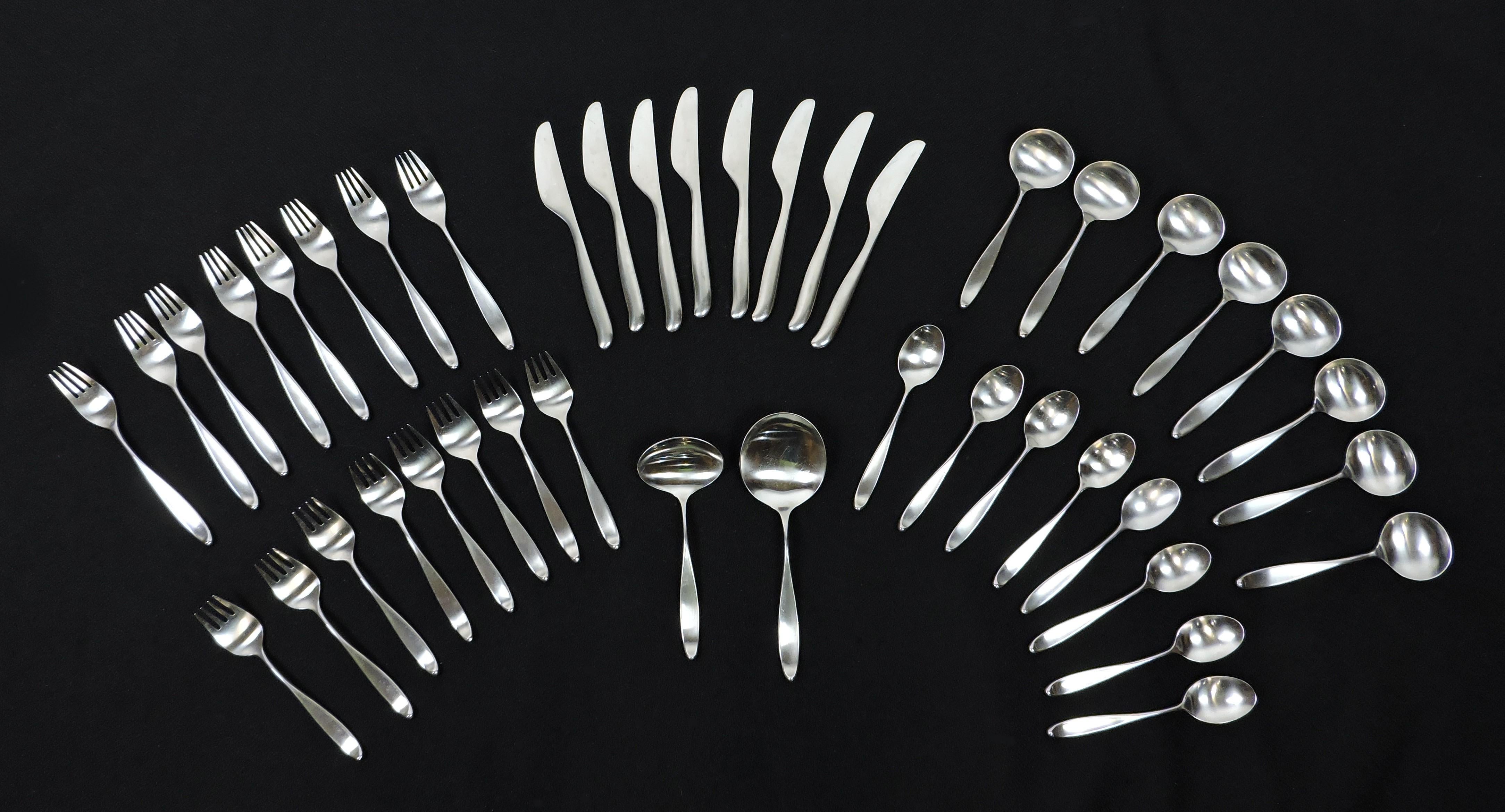 Mid-Century Modern Lauffer Design 2 Don Wallance Service for 8 Stainless Flatware & Box Germany