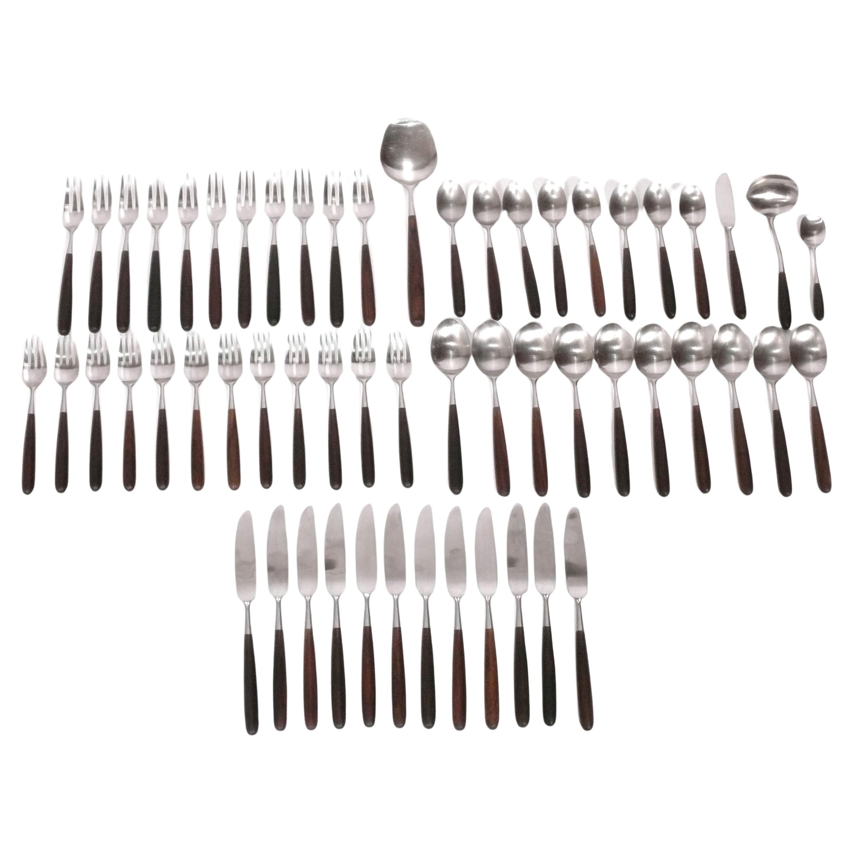 Lauffer Palisander Rosewood and Stainless Steel Flatware 57 Pieces For Sale