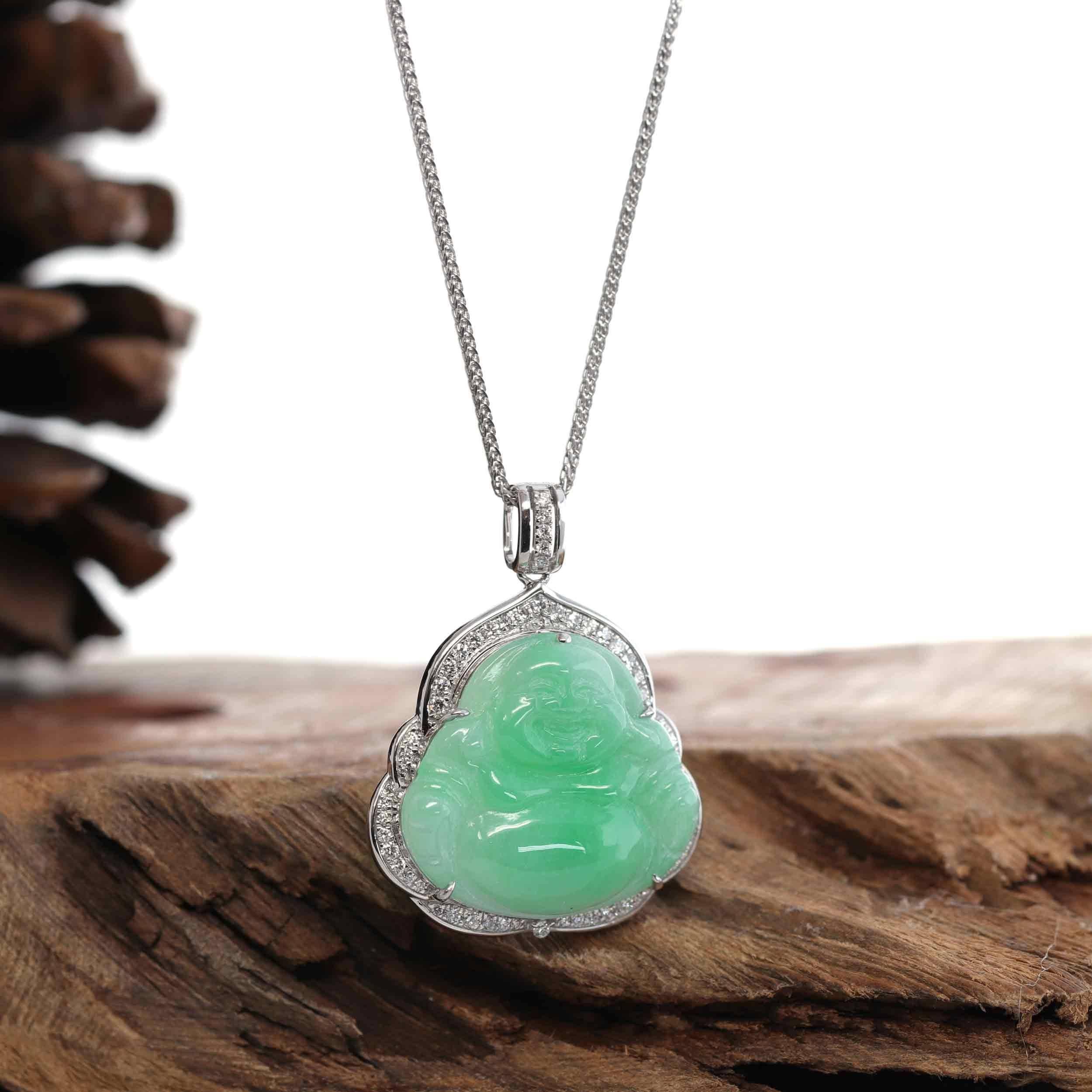 * INTRODUCTION---14k White Gold & Genuine Green Jadeite Jade Buddha Pendant Necklace With VS1 Diamonds halo. The person who wears a Happy Buddha pendant around the neck attracts positive energy. They emit positive waves into the environment around