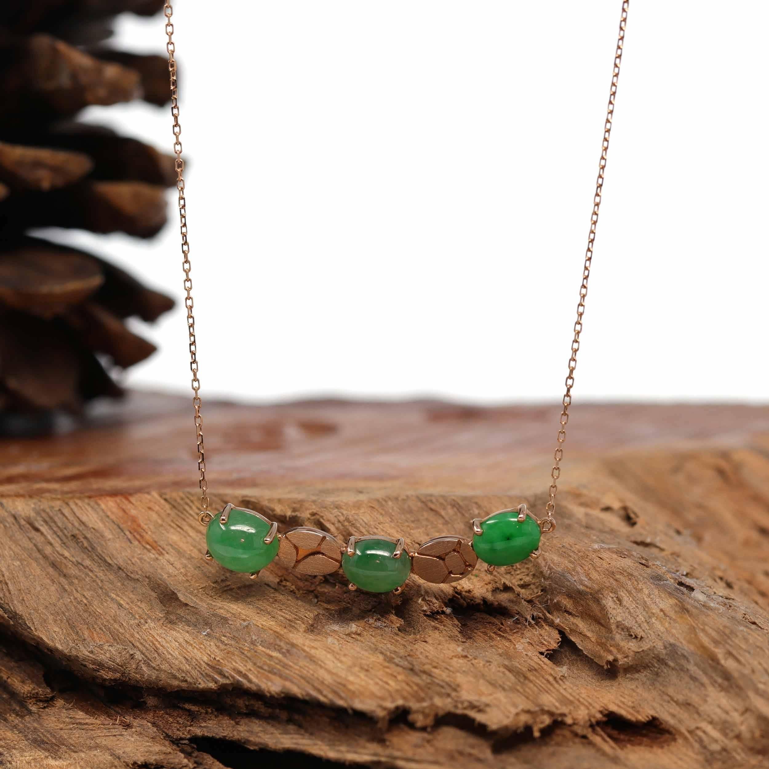 * DESIGN CONCEPT--- This necklace is made with three oval genuine imperial green Burmese jadeite. The design is a free-flowing 3 stone car design. A modern spin on a timeless bar-style necklace. Yet remains elements of tradition. Representing