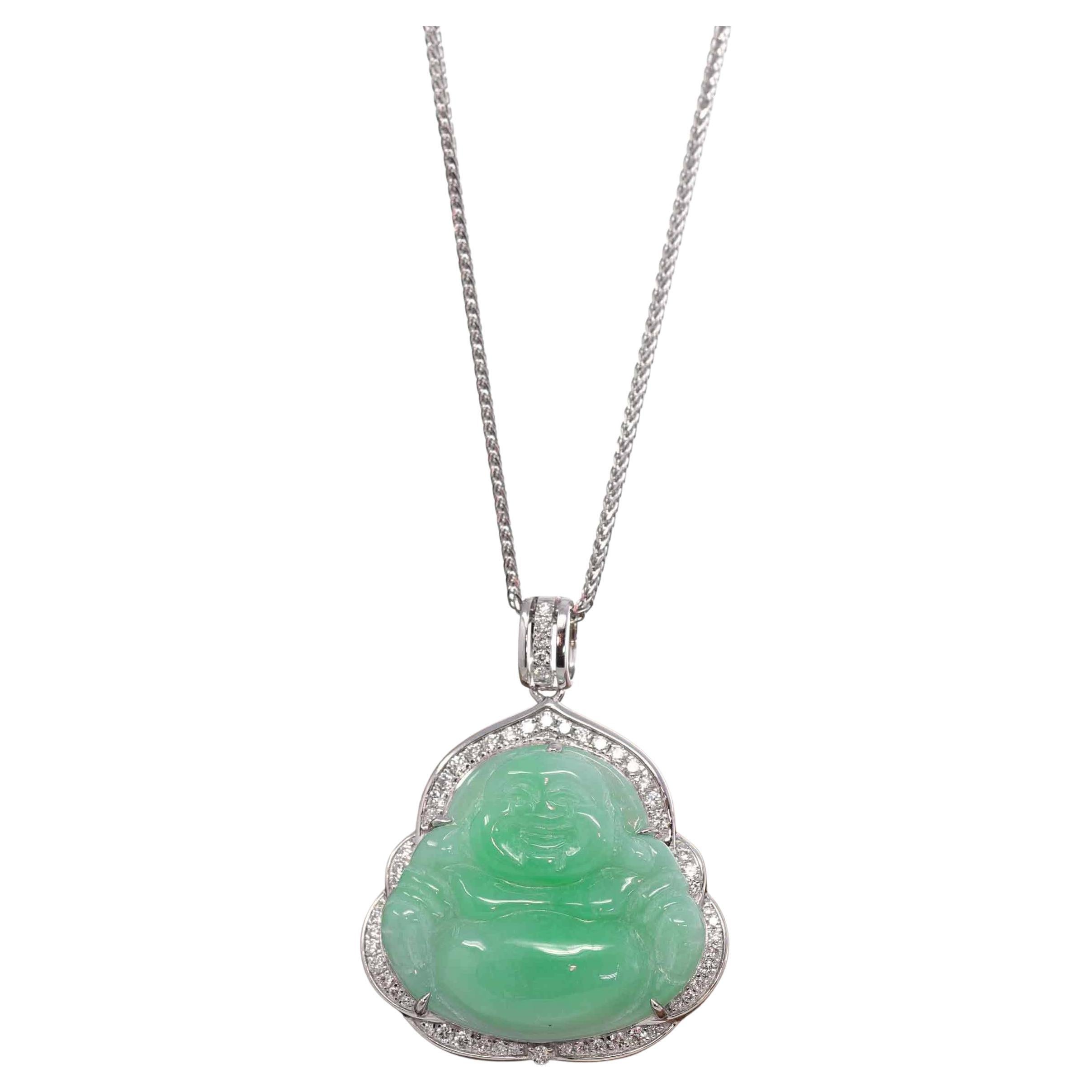 "Laughing Buddha" 14k Gold Genuine Green Jadeite Jade with VS1 Diamonds For Sale