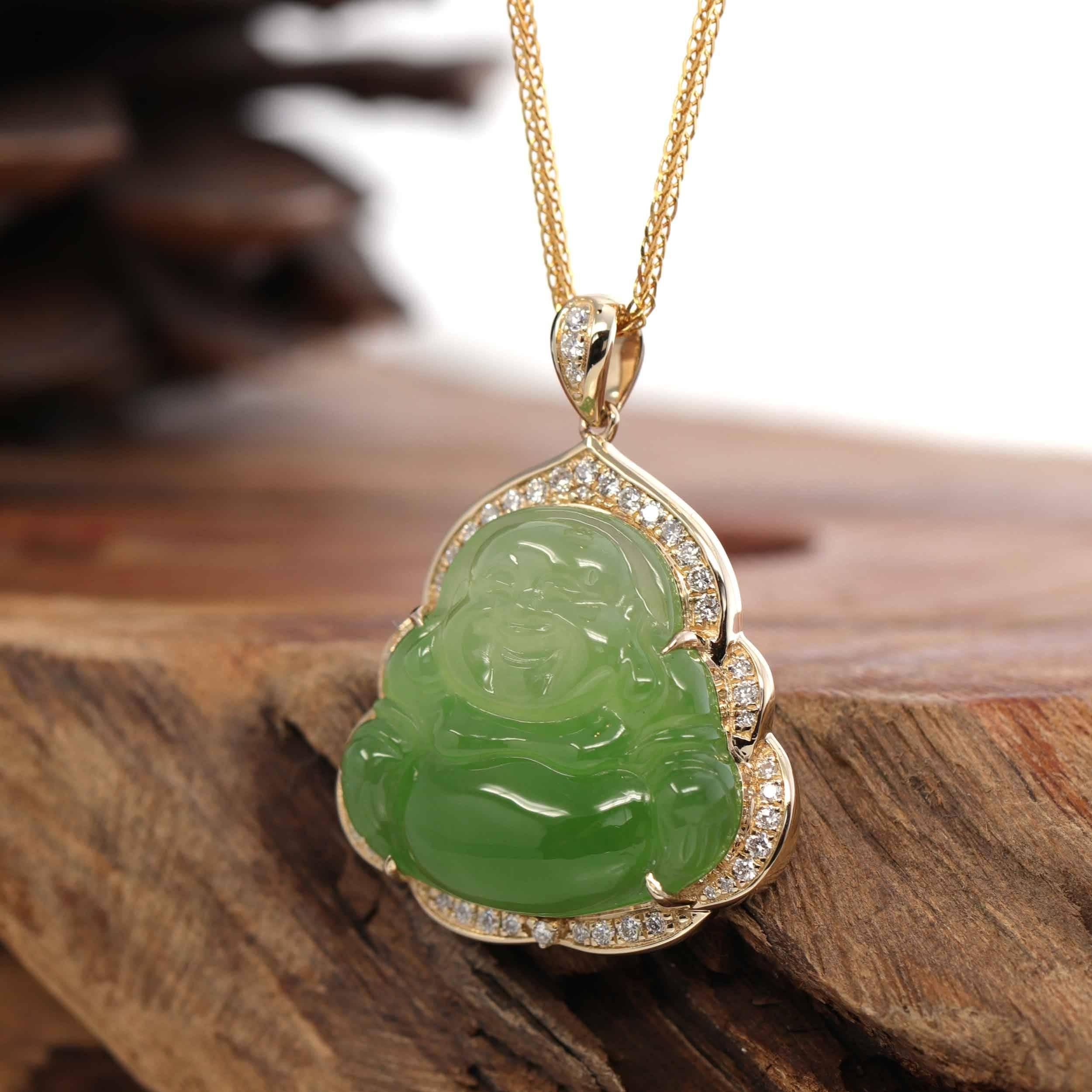 * INTRODUCTION---14k Yellow Gold & Genuine Apple Green Nephrite Jade Buddha Pendant Necklace With SI Diamonds Bail. The person who wears a Buddha pendant around the neck attracts positive energy. They emit positive waves into the environment around