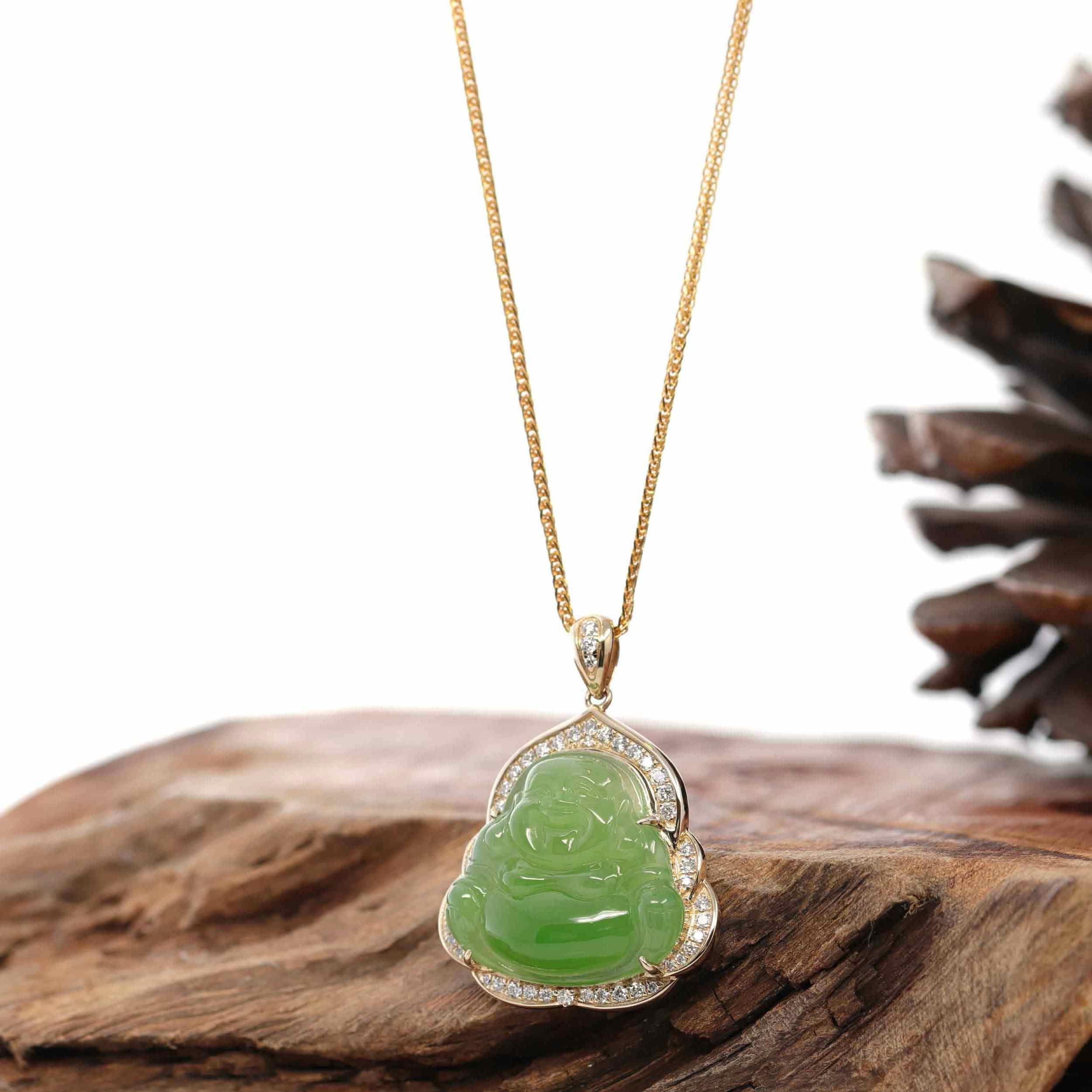 * INTRODUCTION---14k Yellow Gold & Genuine Apple Green Nephrite Jade Buddha Pendant Necklace With VS1-2 Diamonds Bail. The person who wears a Buddha pendant around the neck attracts positive energy. They emit positive waves into the environment