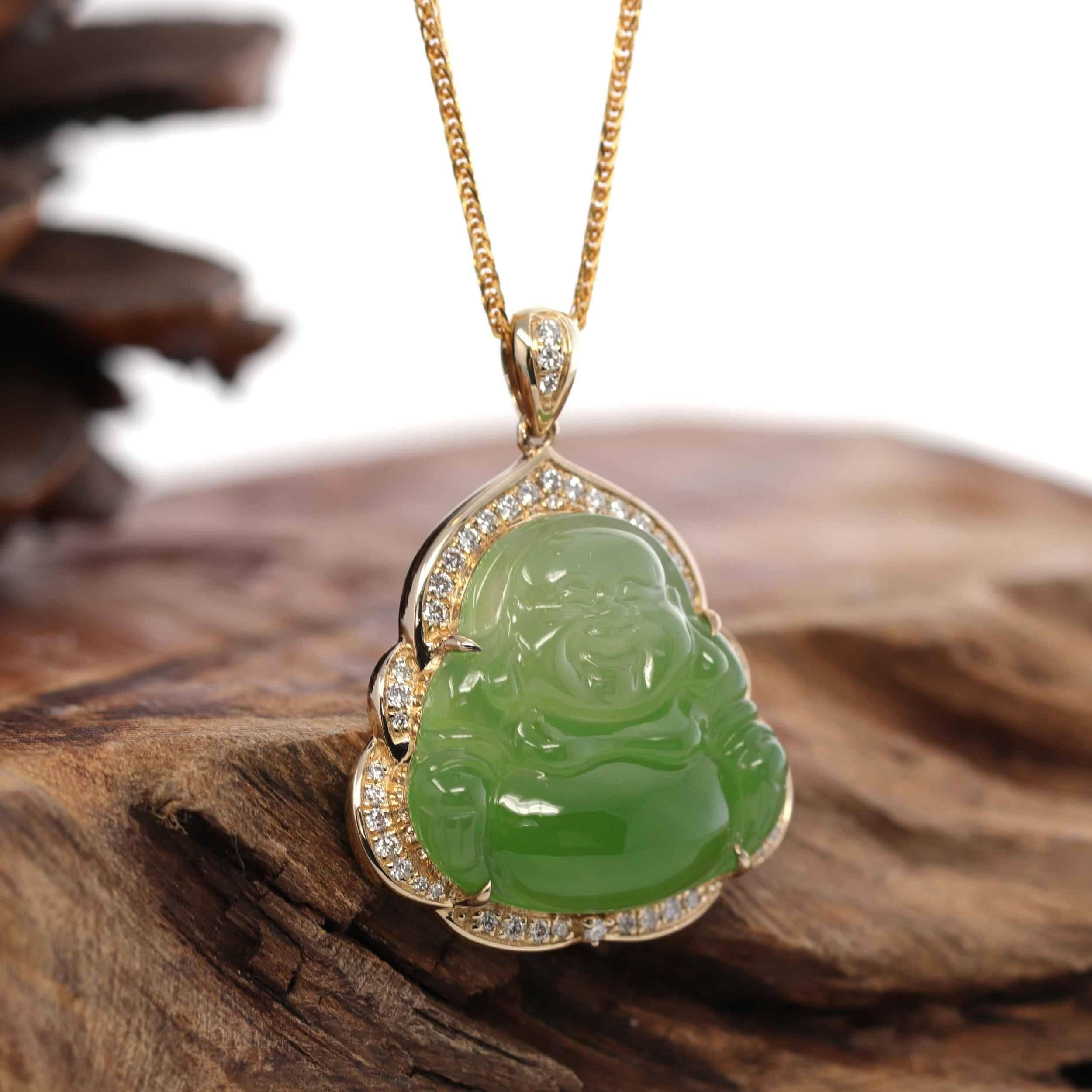 nephrite green jade and diamond 14kt yellow gold pendant
