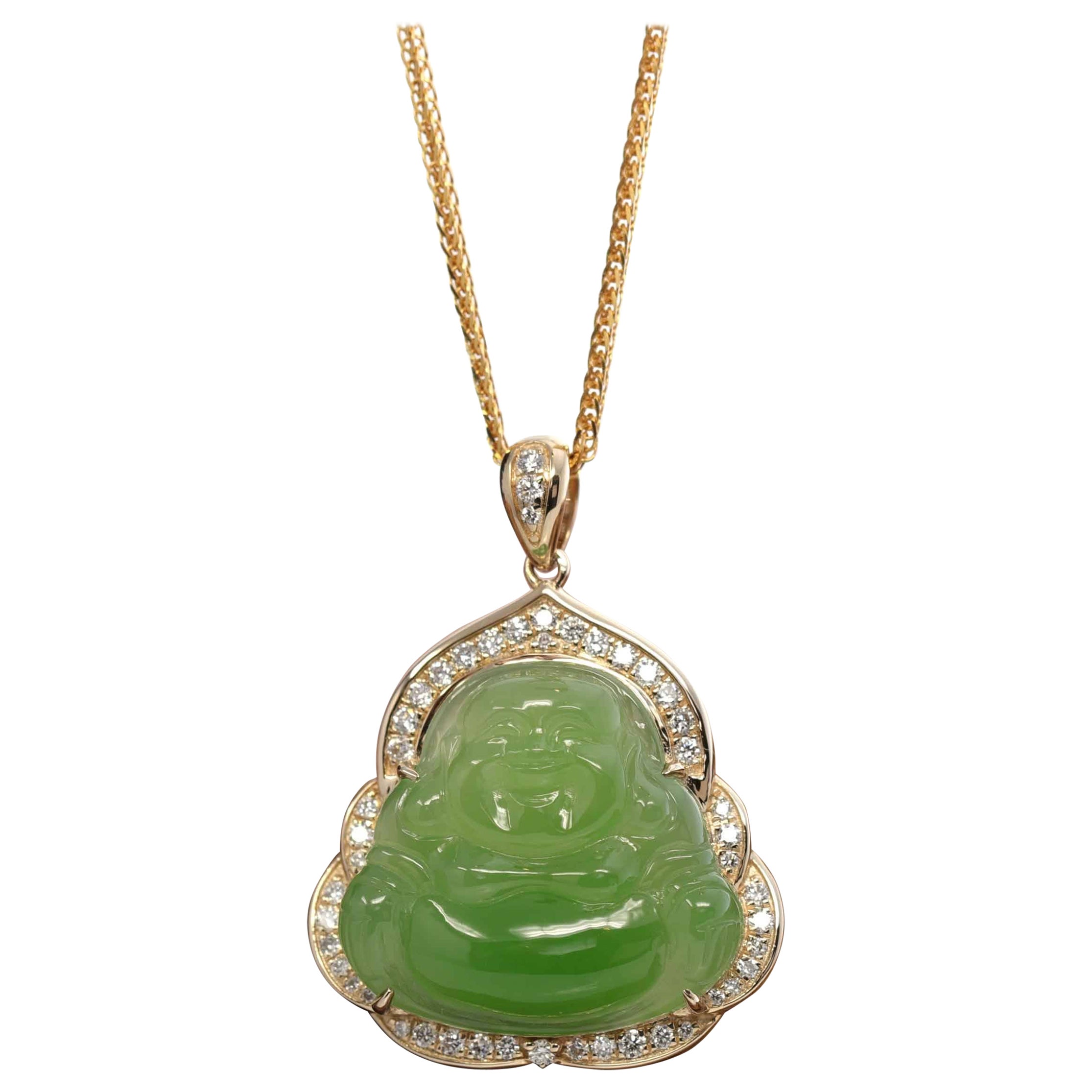 "Laughing Buddha" 14k Yellow Gold Nephrite Apple Green Jade with VS1 Diamonds