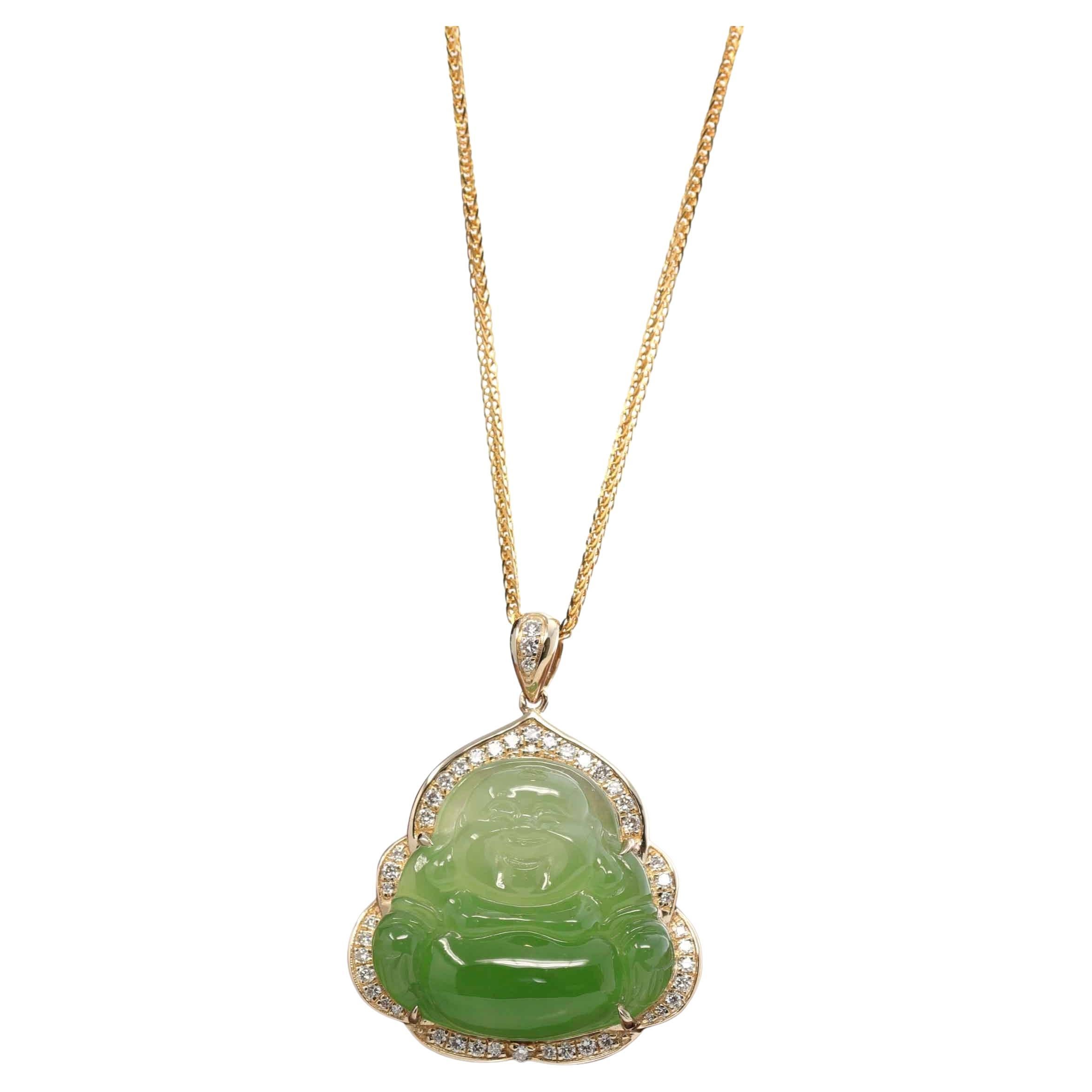 "Laughing Buddha" 14k Yellow Gold Nephrite Apple Green Jade with VS1 Diamonds For Sale