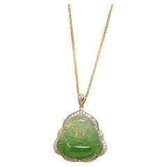 "Laughing Buddha" 14k Yellow Gold Nephrite Apple Green Jade with VS1 Diamonds