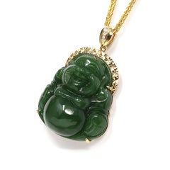 "Laughing Buddha" 18k Yellow Gold Nephrite Green Jade with Diamonds Pendant
