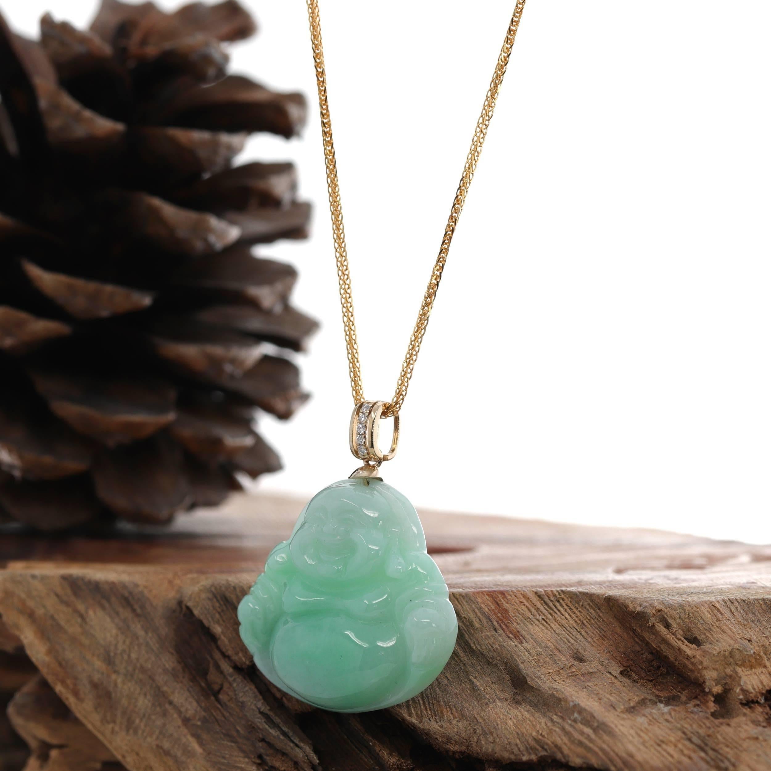 * Details---14k Yellow Gold & Genuine Apple Green Nephrite Jade Buddha Pendant Necklace With SI Diamonds Bail. The person who wears a Buddha pendant around the neck attracts positive energy. They emit positive waves into the environment around them.