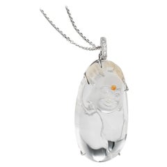Laughing Buddha Crystal and Diamond Gold Pendant Necklace Estate Fine Jewelry