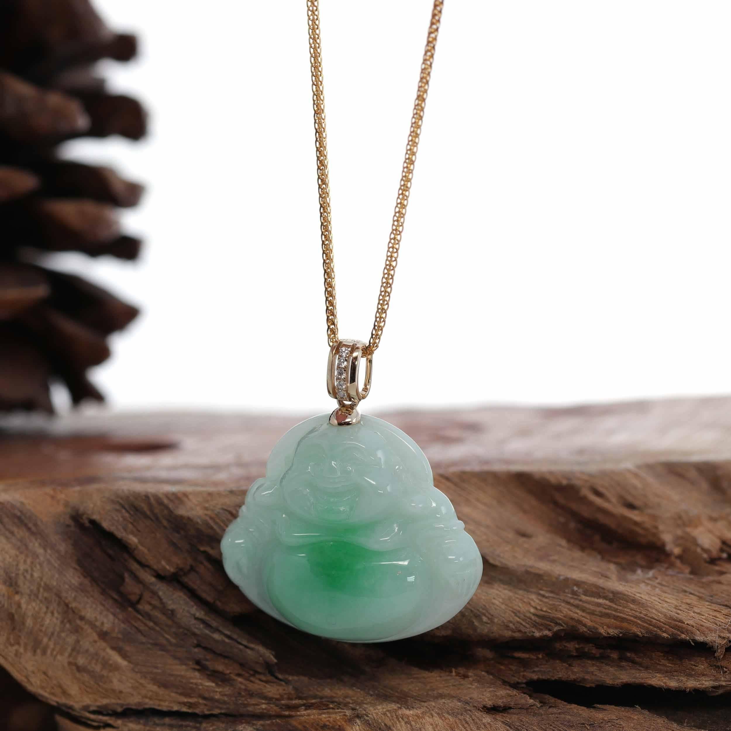 * Detail--- One-of-a-kind jadeite Buddha necklace, inspired by the figure of the traditional Buddha body. Combined with a modern diamond bail. The piece is more than perfect for daily wear. Wearing items bearing the image of Buddha can remind us to