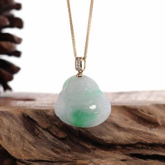 "Laughing Buddha" Green Jadeite Jade Necklace With 14k Yellow Gold Diamond Bail