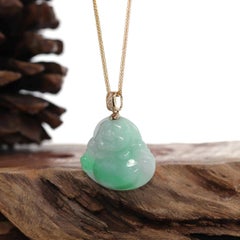 "Laughing Buddha" Green Jadeite Jade Necklace with 14k Yellow Gold Diamond Bail