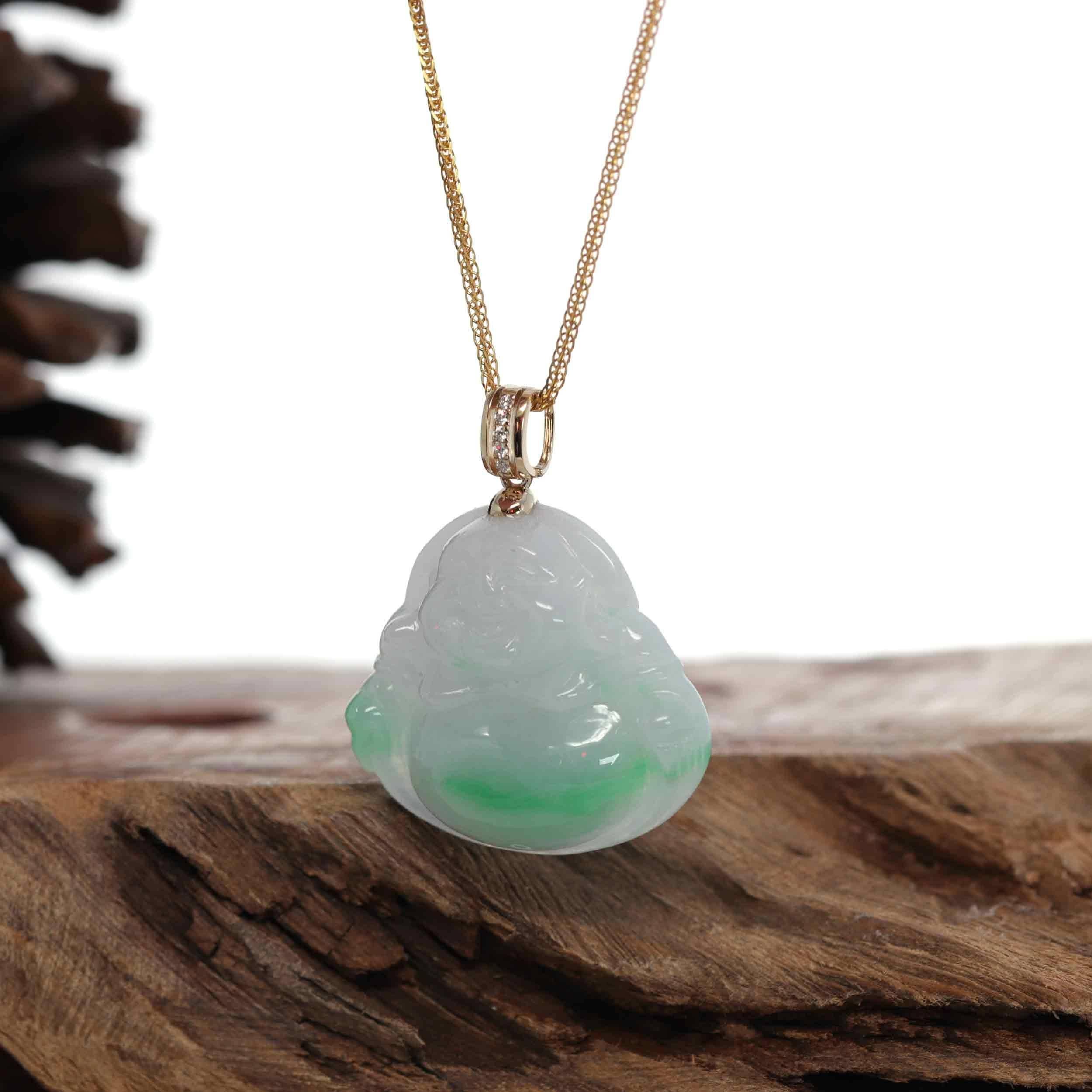 * Detail--- One-of-a-kind jadeite Buddha necklace, inspired by the figure of the traditional Buddha body. Combined with a modern diamond bail. The piece is more than perfect for daily wear. Wearing items bearing the image of Buddha can remind us to