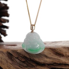 "Laughing Buddha" Green Jadeite Jade Necklace with 14k Yellow Gold Diamond Bail