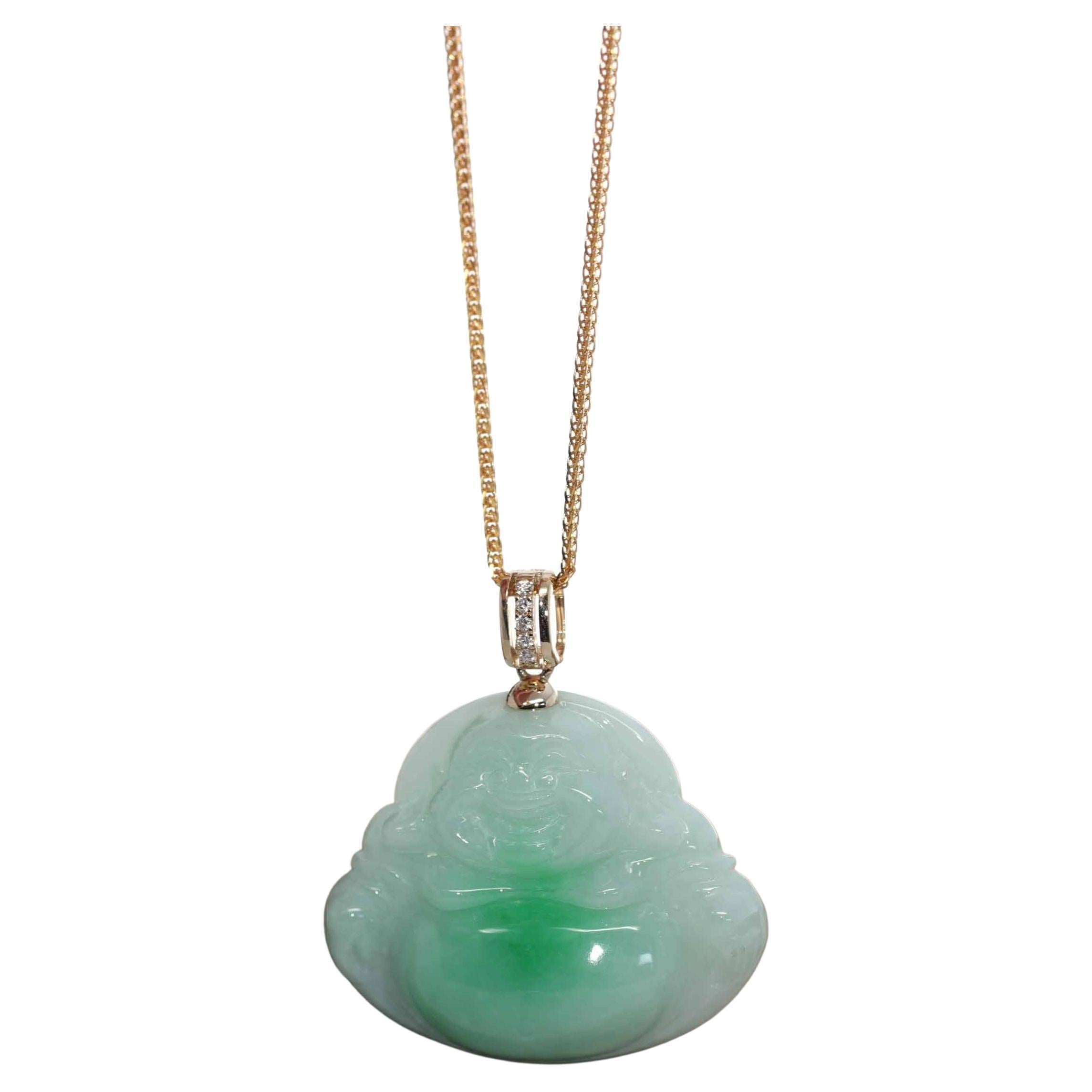 "Laughing Buddha" Green Jadeite Jade Necklace with 14k Yellow Gold Diamond Bail For Sale