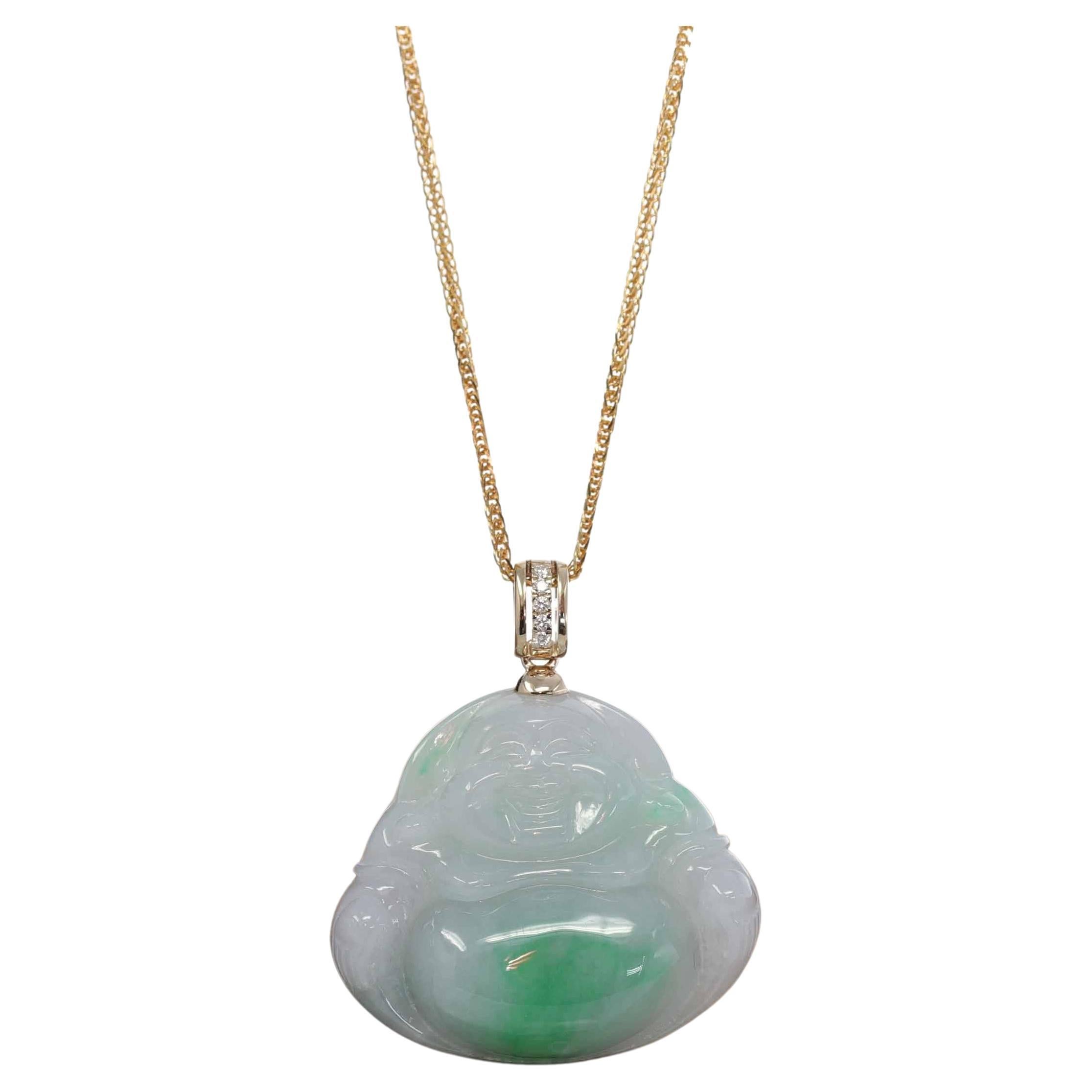 "Laughing Buddha" Green Jadeite Jade Necklace With 14k Yellow Gold Diamond Bail For Sale