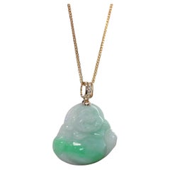 "Laughing Buddha" Green Jadeite Jade Necklace with 14k Yellow Gold Diamond Bail