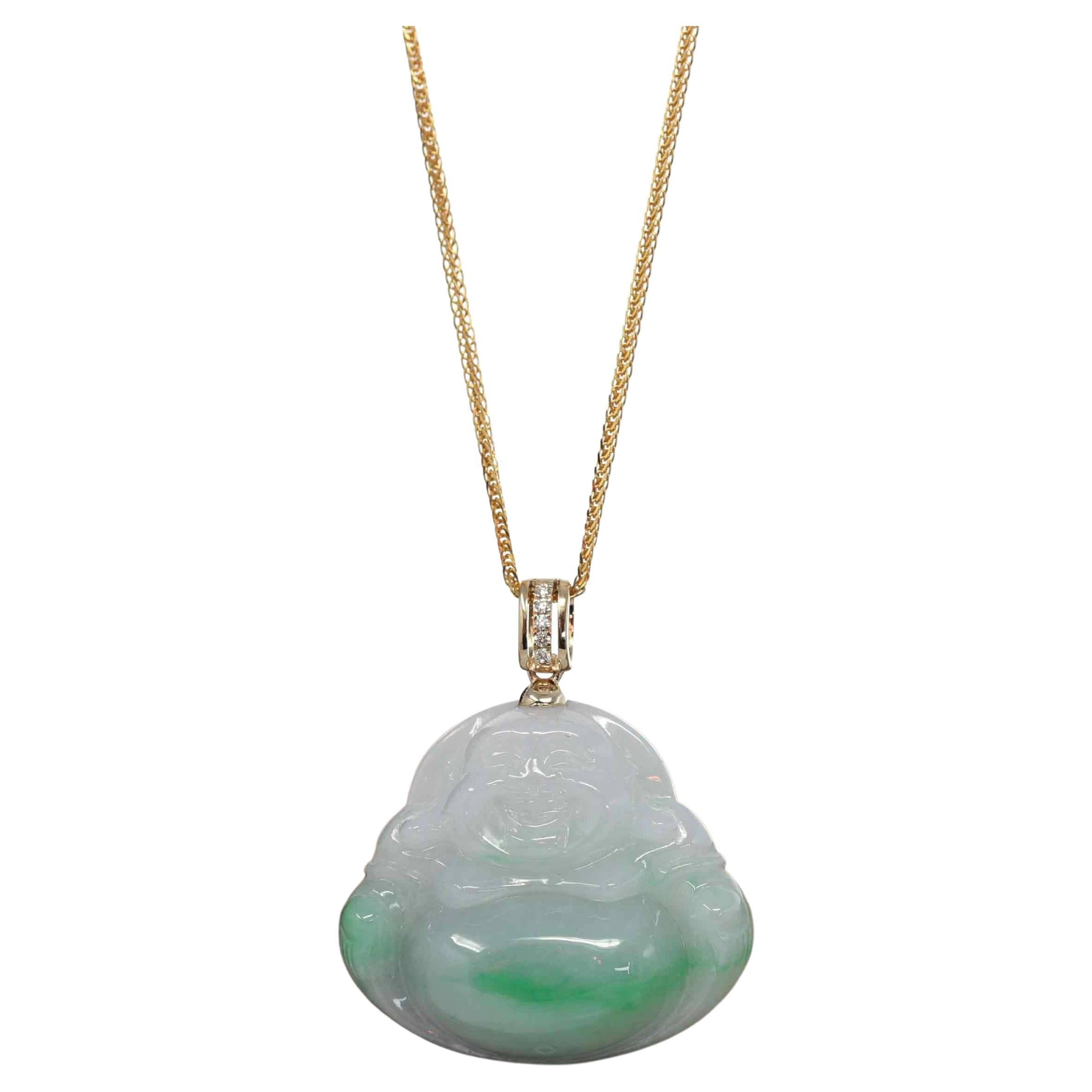 "Laughing Buddha" Green Jadeite Jade Necklace with 14k Yellow Gold Diamond Bail