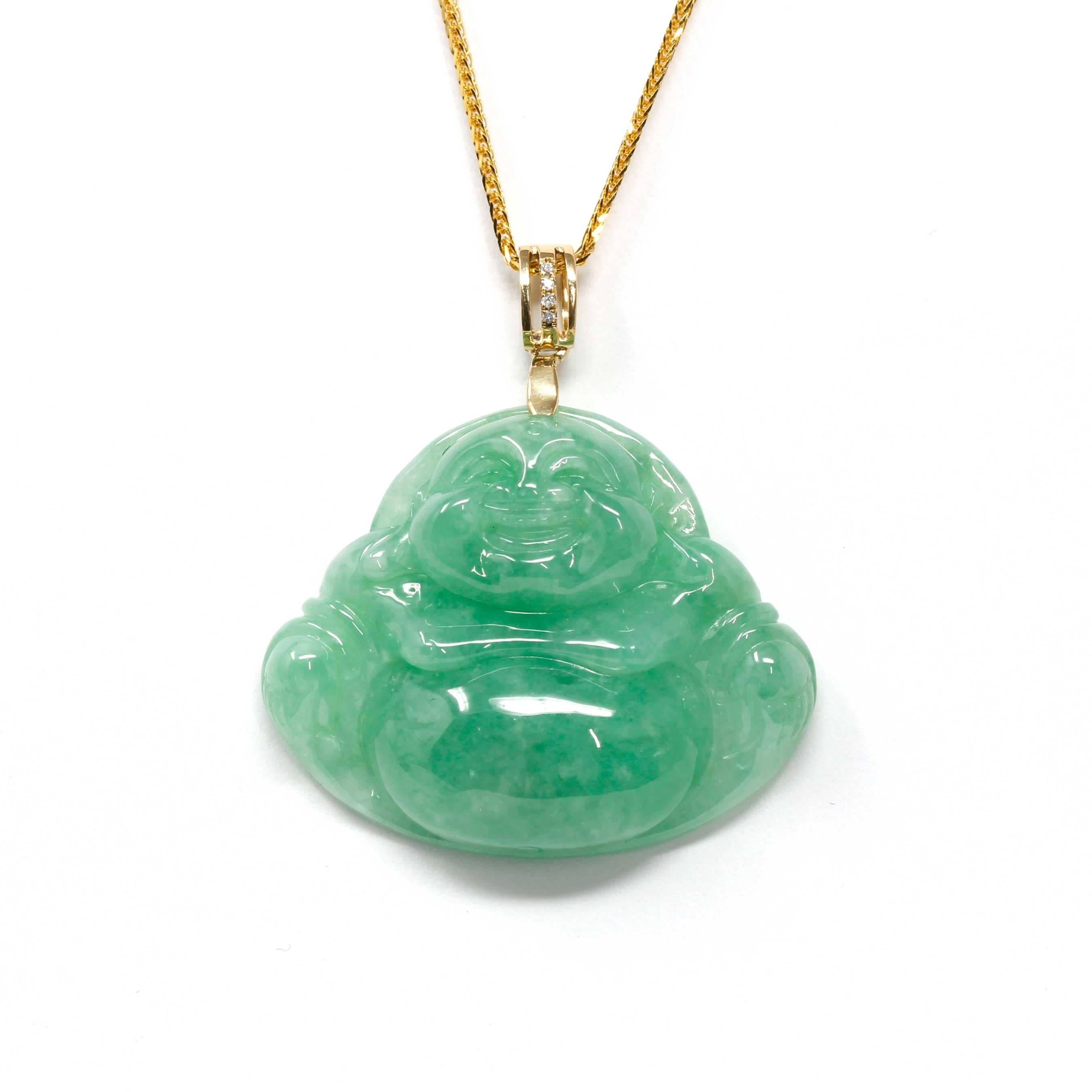 * DETAIL---One of a kind jadeite Buddha necklace, inspired by the figure of the traditional Buddha body. Combined with a modern diamond pave set bail. The piece is more than perfect for daily wear. Wearing items bearing the image of Buddha can