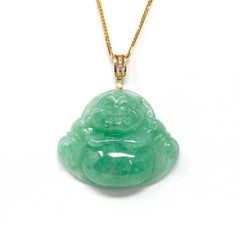 "Laughing Buddha" Green Jadeite Jade Necklace With 18k Yellow Gold Diamond Bail